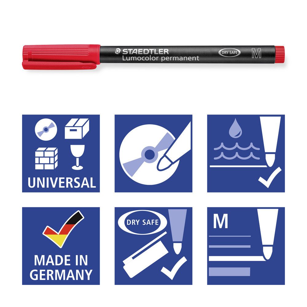 STAEDTLER Permanentmarker Staedtler Lumocolor permanent M DRY SAFE 317 WP4 Permanentmarker Rot