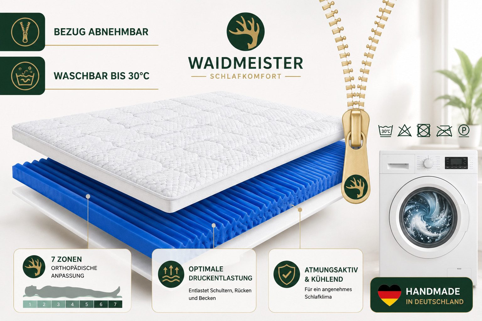 Waidmeister, Topper Matratzentopper aus Gel,Topper, 8cm hoch, mit 7 Zonen, Gelschaum, 8 cm hoch