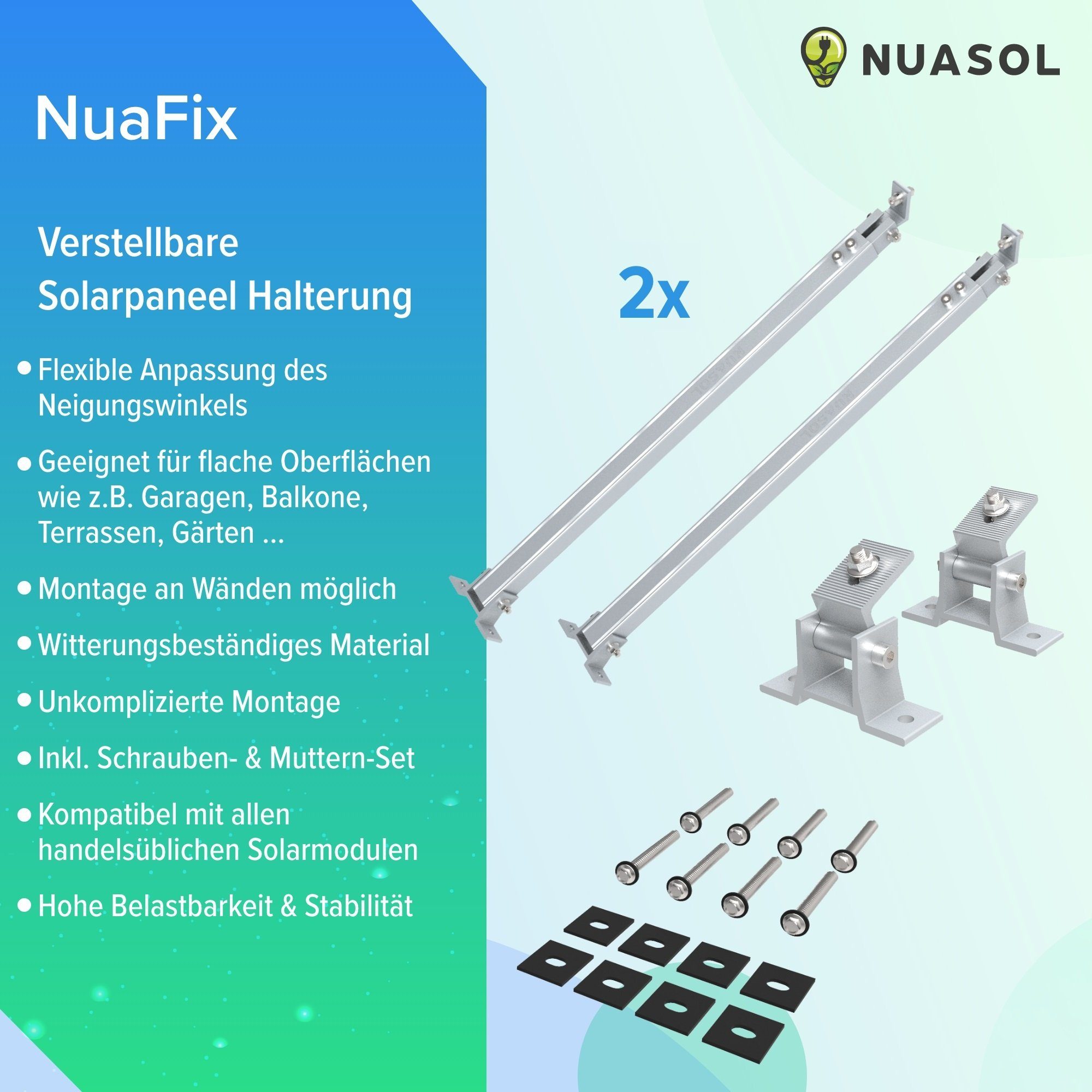 NuaSol Solarmodul-Halterung 2x verstellbar Neigungswinkel 15° - 60° siber / schwarz, (4-tlg)