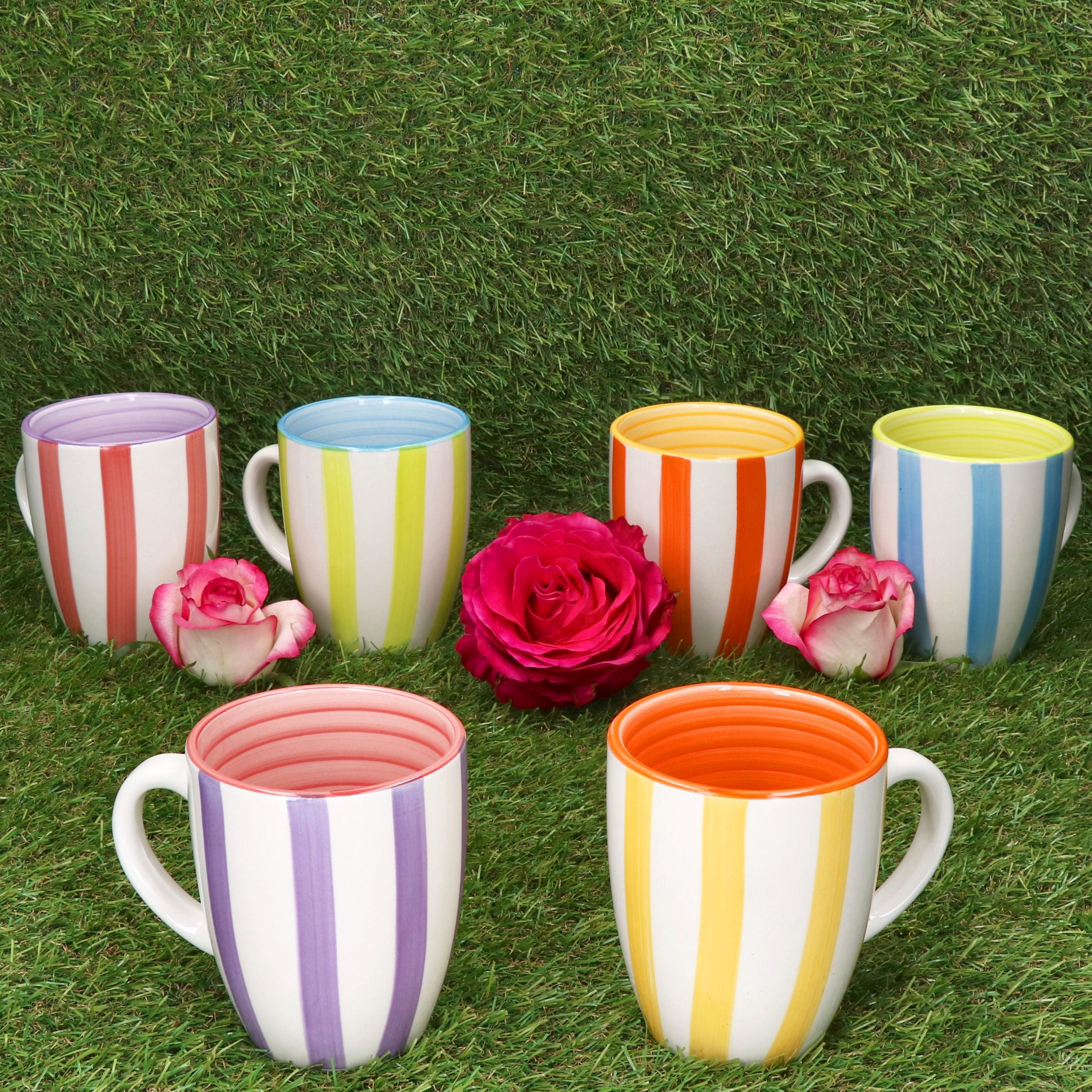 MamboCat Becher Summer Stripes 6er Set Kaffeebecher 340ml bunt Streifen Steingut-Tasse, Steingut