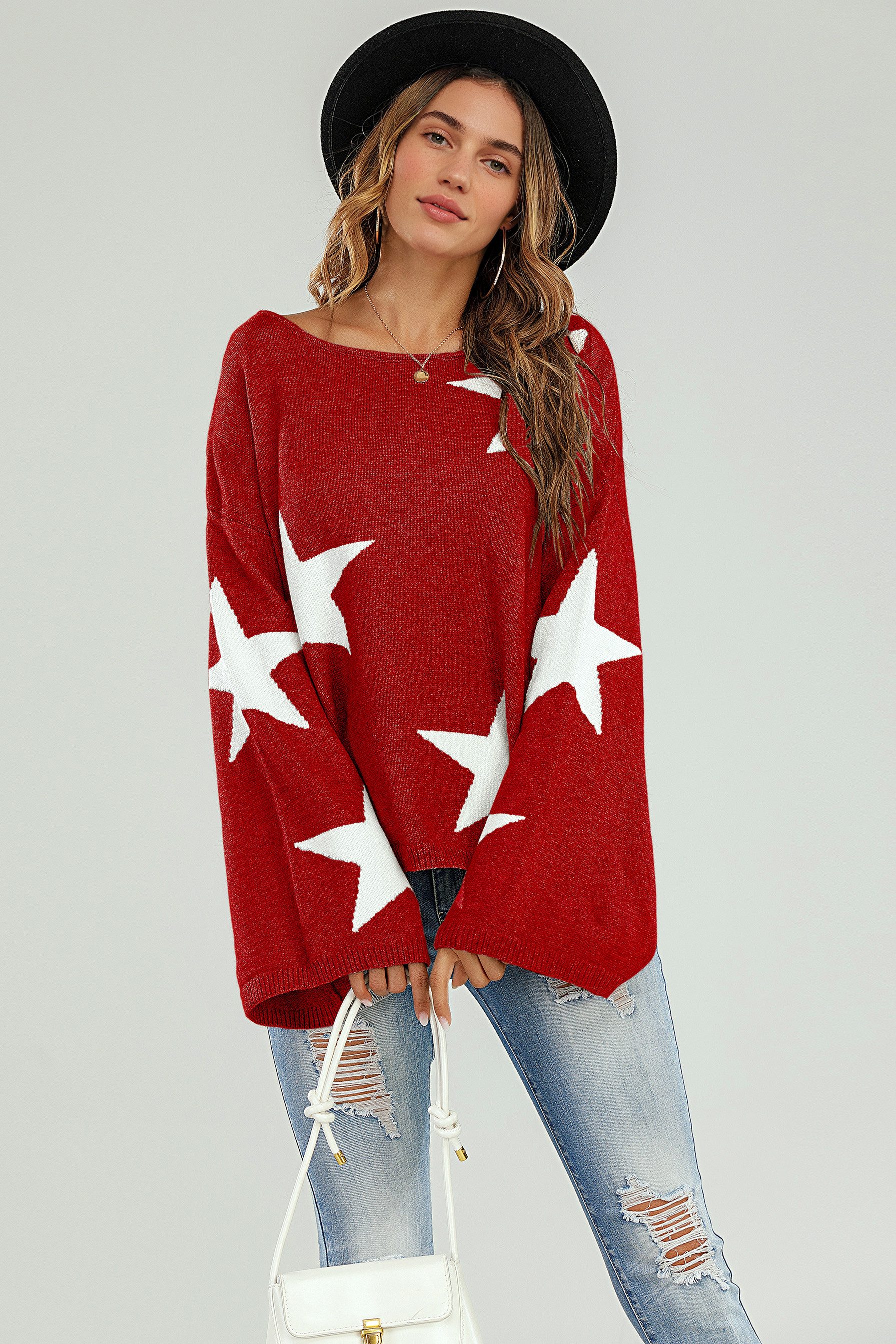 FS Collection Strickpullover Oversize Pullover mit weiten Ärmeln und Stern – Strickwaren (Einheitsgröße: UK 8–12 / EU 36–40, 5 Farben : Grau, Schwarz, Creme, Rot, Dunkelgrün) 100 % Acryl