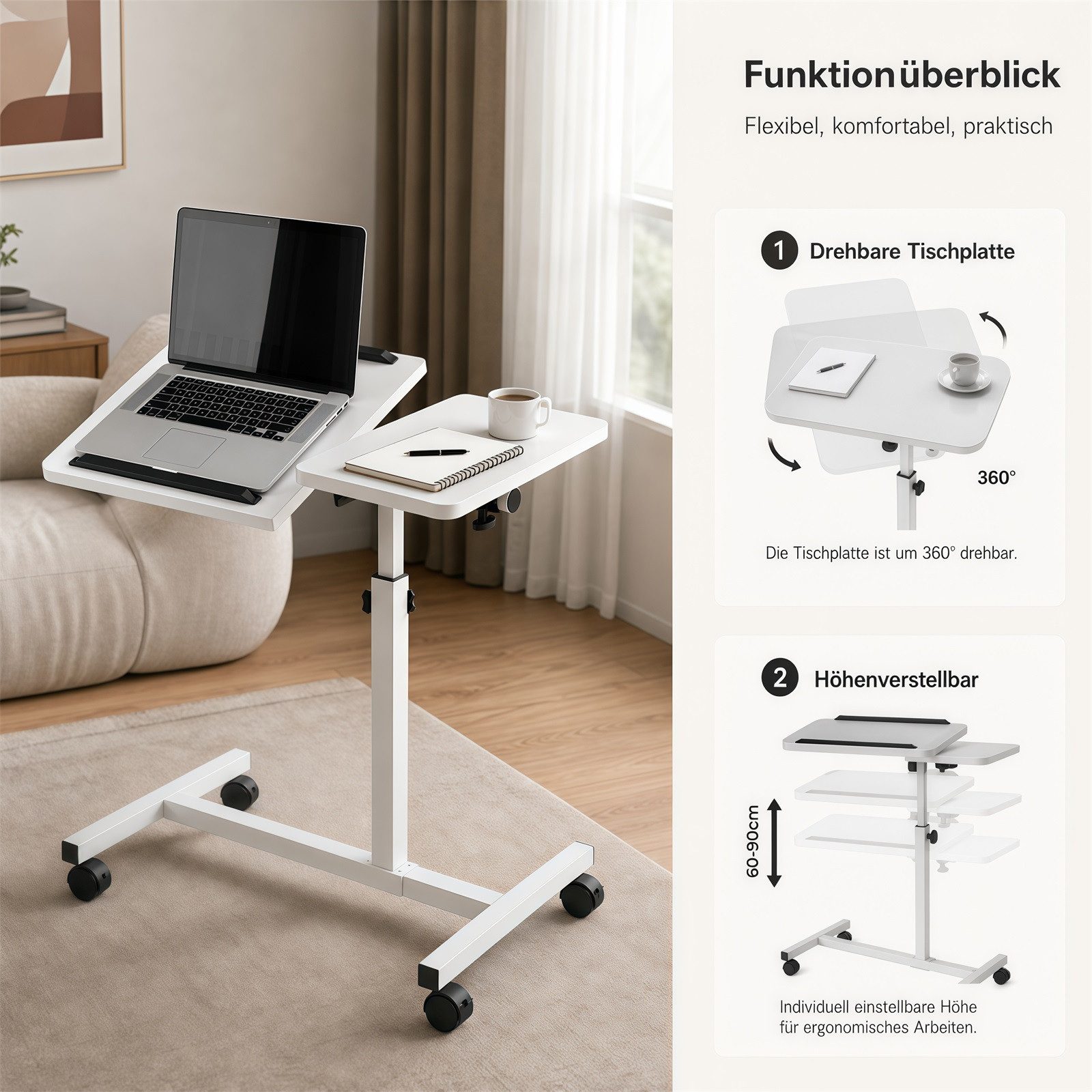 PFCTART Beistelltisch Betttisch mit Rollen 60x40 cm – Höhenverstellbar & Neigbar (Set, 1-St., Laptoptisch für Bett, Sofa, Senioren & Arbeiten im Sitzen), 60–90  – Bild 4 von 5