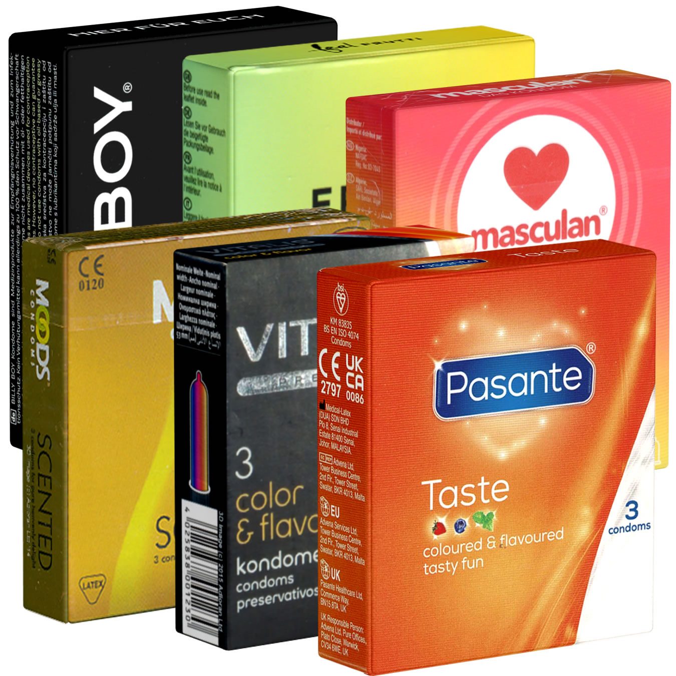 Kondomotheke Kondome Fruity & Tasty SIXPACK 6 Packungen köstliche Kondome, insgesamt, 18 St., aromatisierte Kondome, Kondome mit Geschmack, Probierset, anregend und bunt, fruchtige Aromen, für Genießer empfohlen