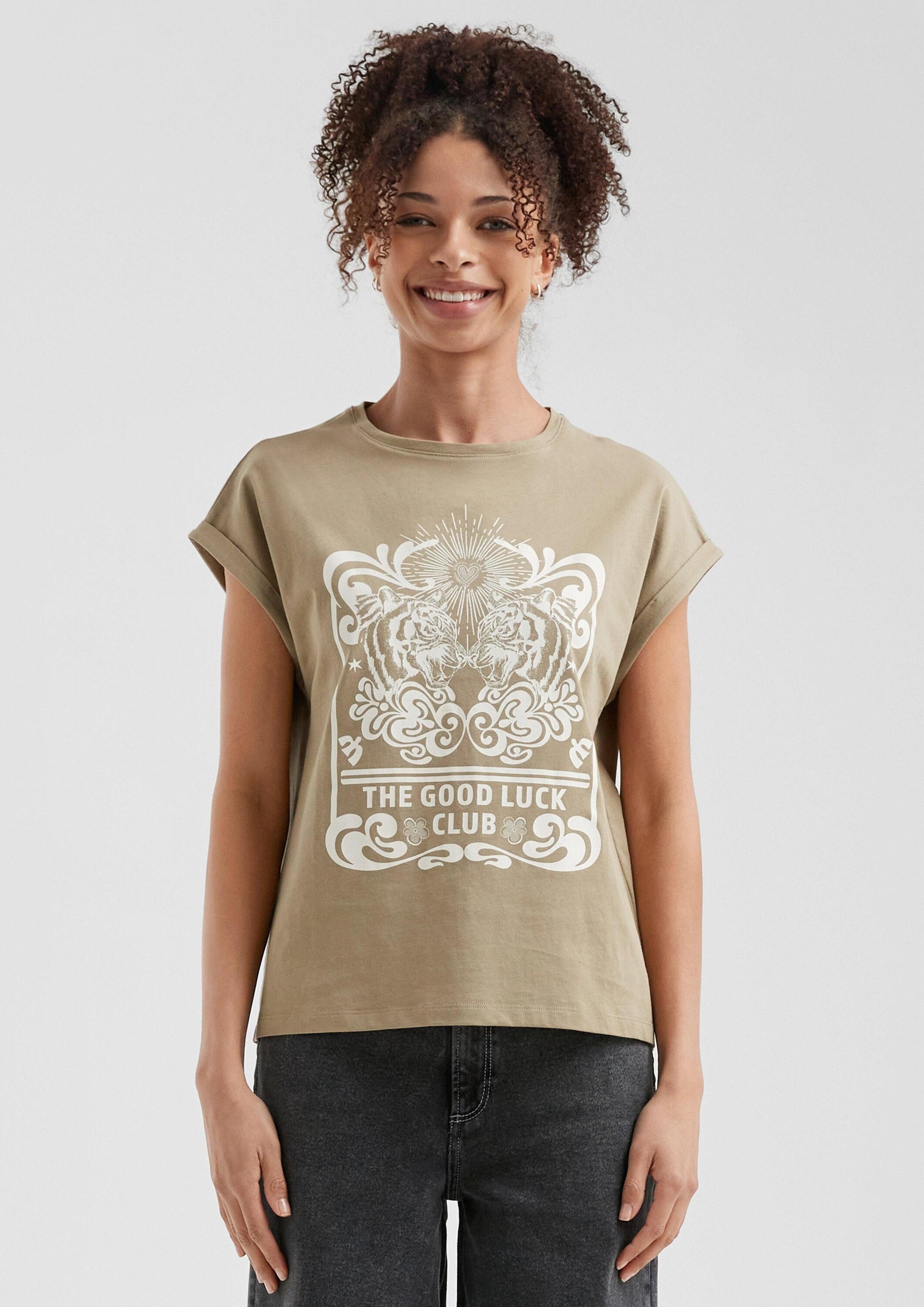 QS Kurzarmshirt T-Shirt Baumwollshirt mit überschnittener Schulter Frontpri günstig online kaufen