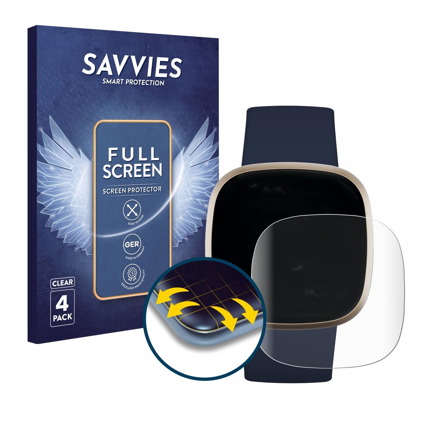 Savvies Displayschutzfolie Fullscreen Schutzfolie für Fitbit Versa 3, 4 Stück, Displayschutz Folie Fullcover Klar Transparent