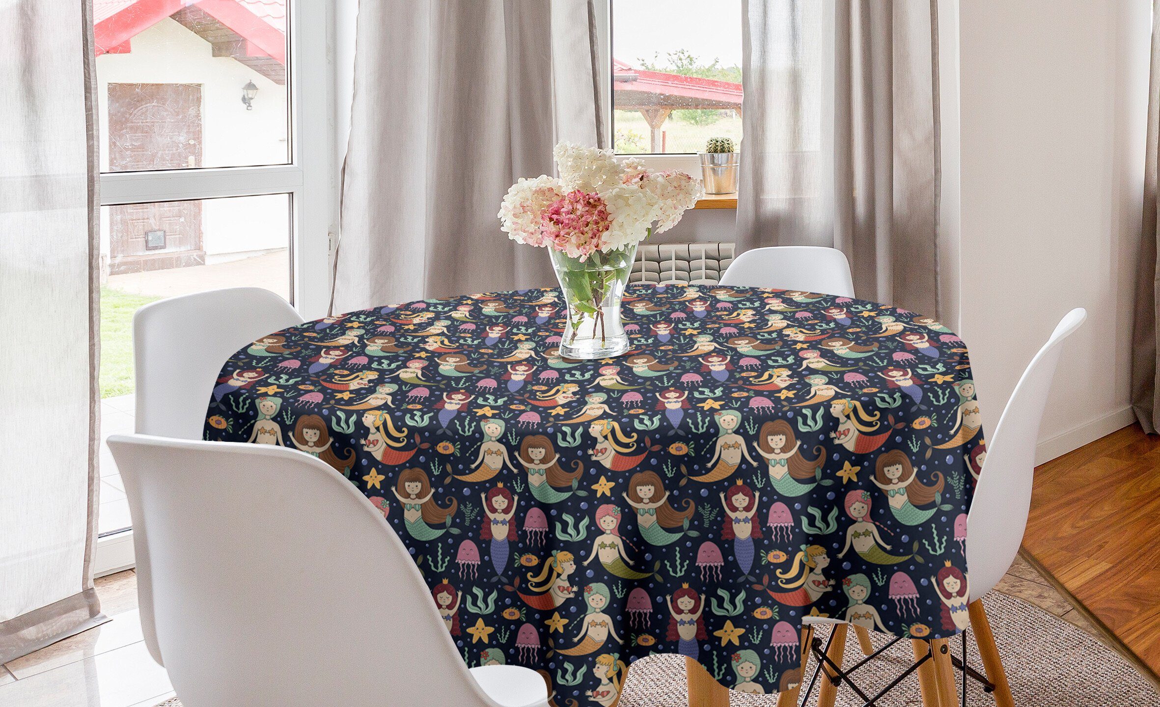Abakuhaus Tischdecke Kreis Tischdecke Abdeckung für Esszimmer Küche Dekoration, Meerjungfrau Mädchen mit bunten Tails