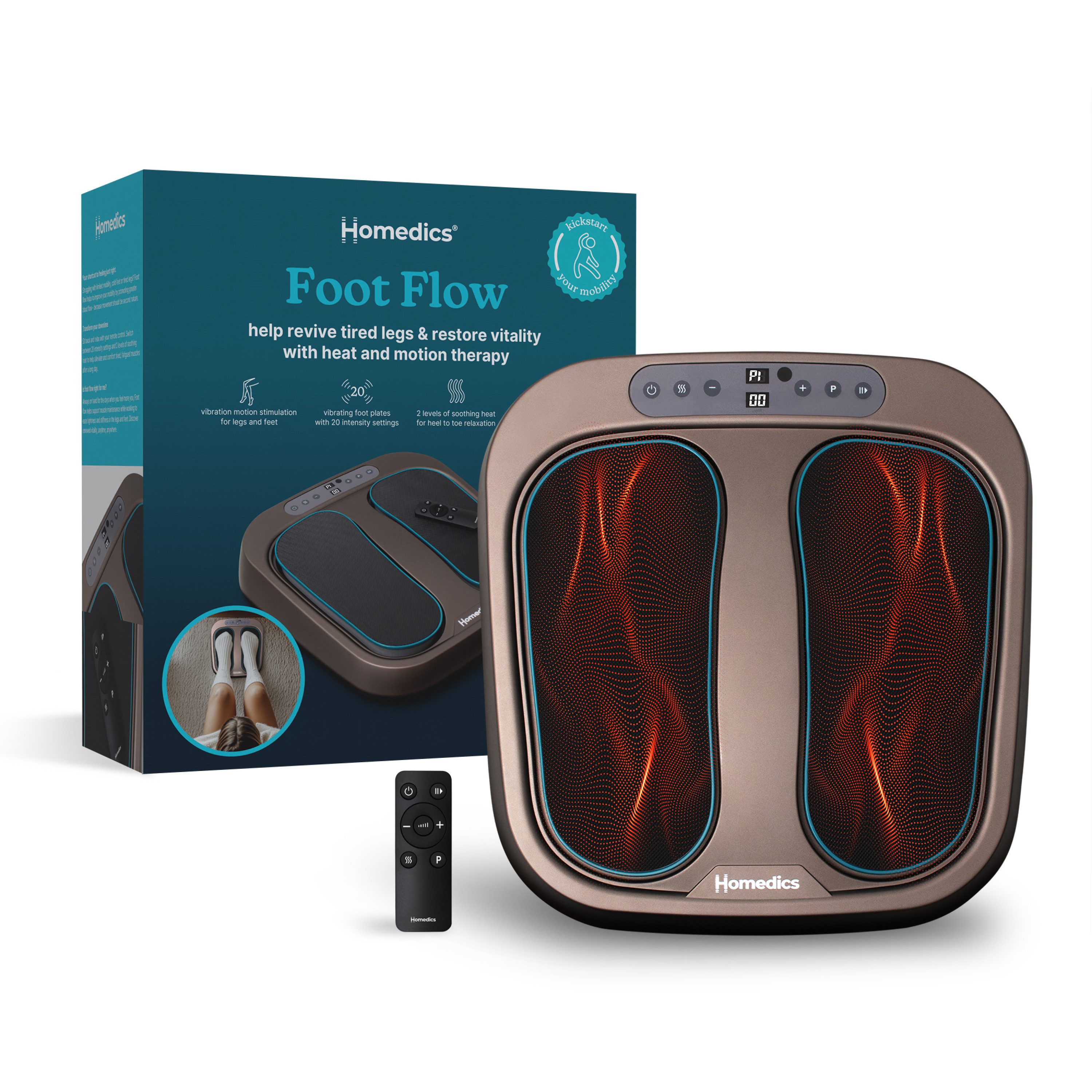 HOMEDICS Fußmassagegerät PSL-2000H-EB Foot Flow Mobility Booster Vibrationsplatte, 20 Intensitätsstufen, 3 voreing. Vibrationsprogramme, 2 Wärmestufen