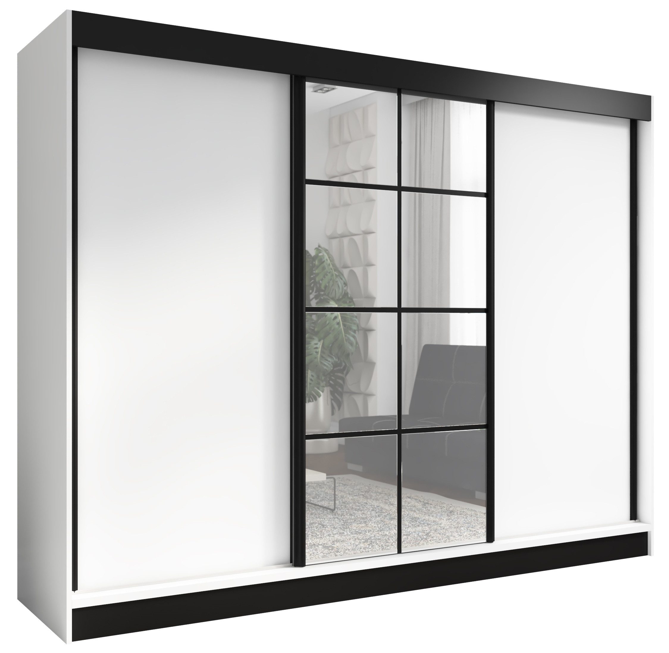 A&J MöbelLand GmbH Schiebetürenschrank ORAVIA mit Spiegel – Breite 200 cm (TOP PRODUKT! Wählen Sie das ideale Modell für Ihr Schlafzimmer! Breite: 200 cm, Höhe: 215 cm, Tiefe: 60 cm, Moderne Möbel mit funktionalem Design und hoher Verarbeitungsqualität) Loft-Design, Spiegelpaneele, großer Stauraum, moderne Schiebetüren