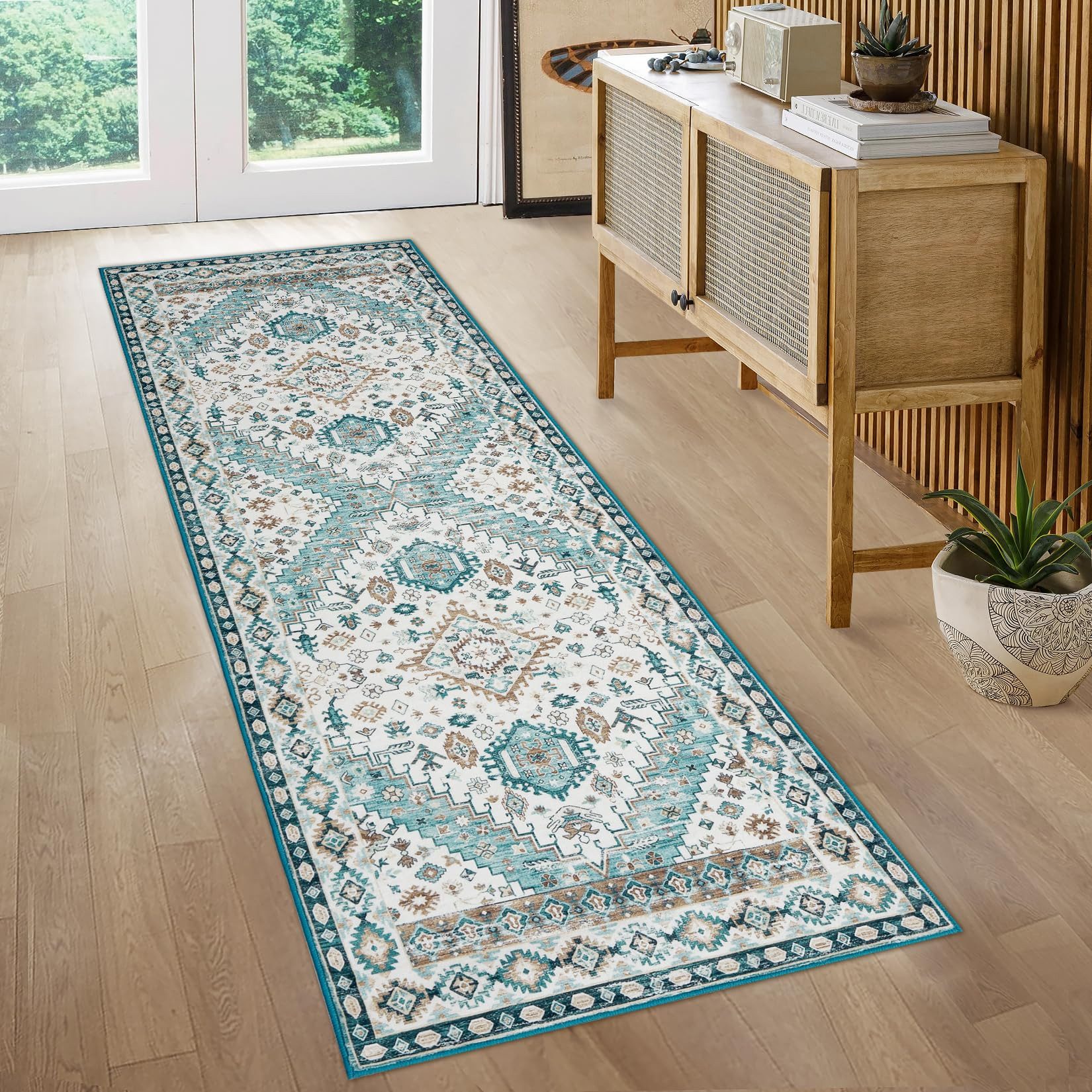 GarveeMore Teppich Waschbarer Vintage Orientteppich Designteppich Läufer Teppich, Rechteckig, Niedriger Flor, Antirutsch, für Flur, Wohnzimmer, Küche