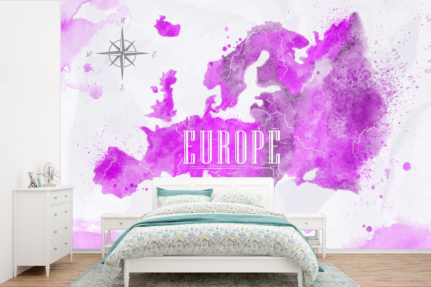 MuchoWow Fototapete Weltkarte - Europa - Farben, Matt, bedruckt, (6 St), Wallpaper für Wohnzimmer, Schlafzimmer, Kinderzimmer, Vinyl Tapete