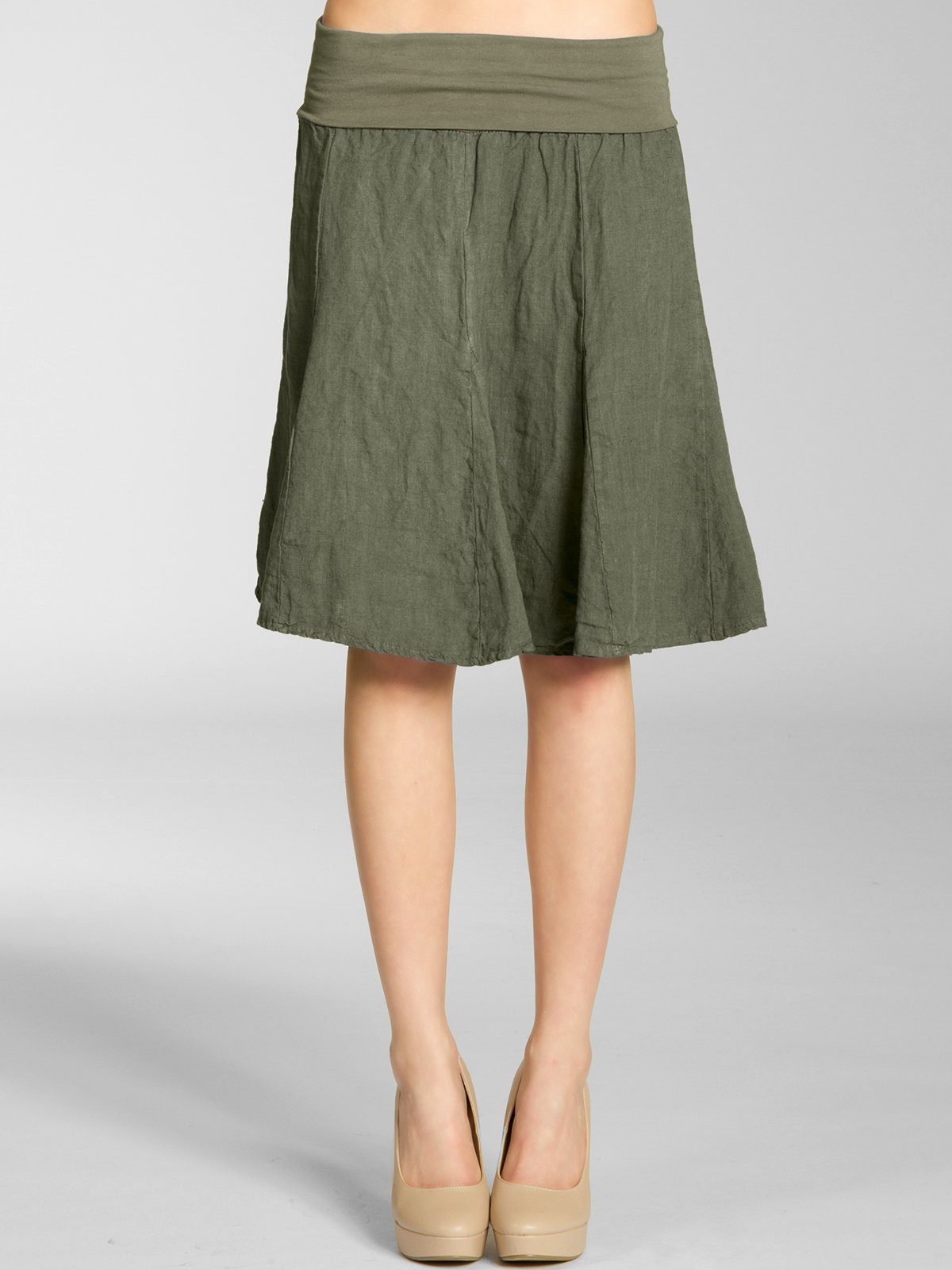 Caspar Faltenrock RO014 Damen Midi Leinenrock knielang mit figurfreundlichem Stretch Bund - Made in Italy