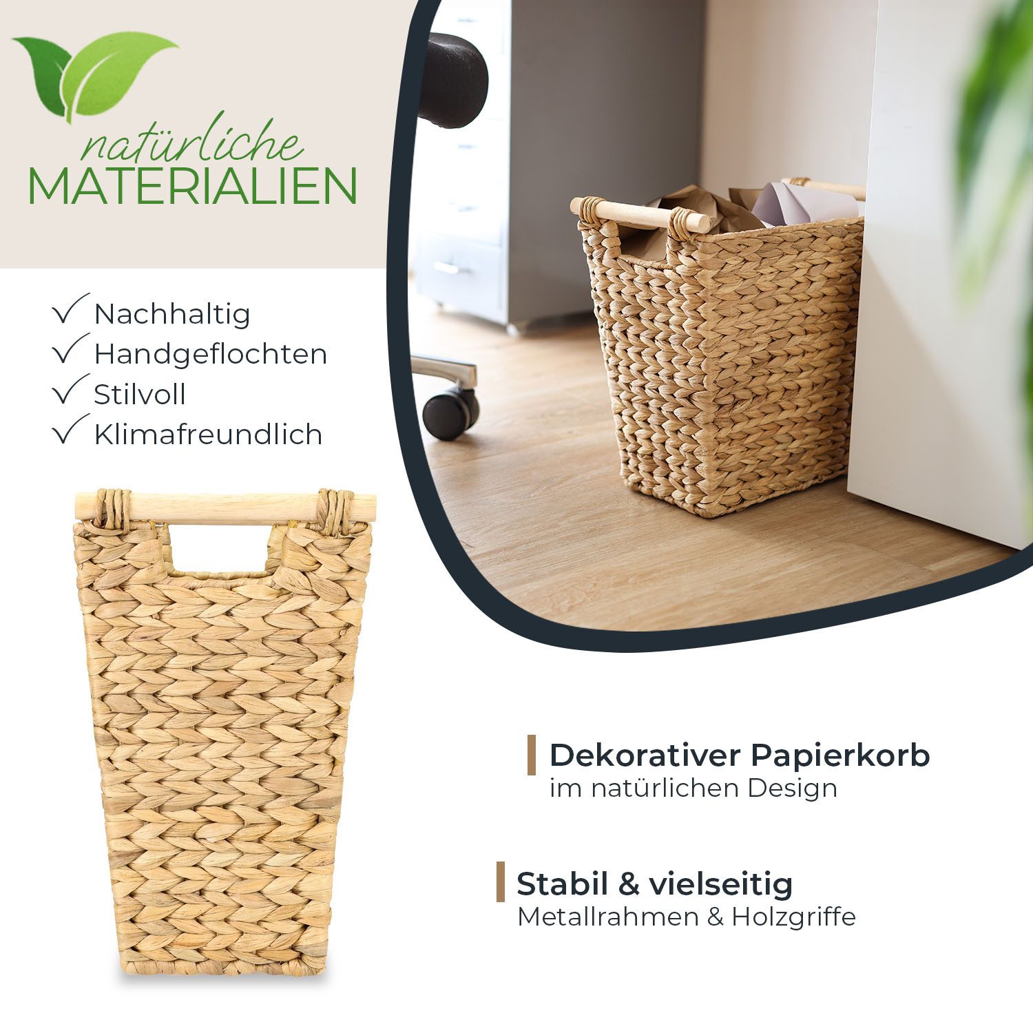 HMF Papierkorb Papierkorb Büro, Aufbewahrungskorb mit Holzgriffen geflochten, aus Wasserhyazinthe, Trapez, 36 x 19 x 33 cm