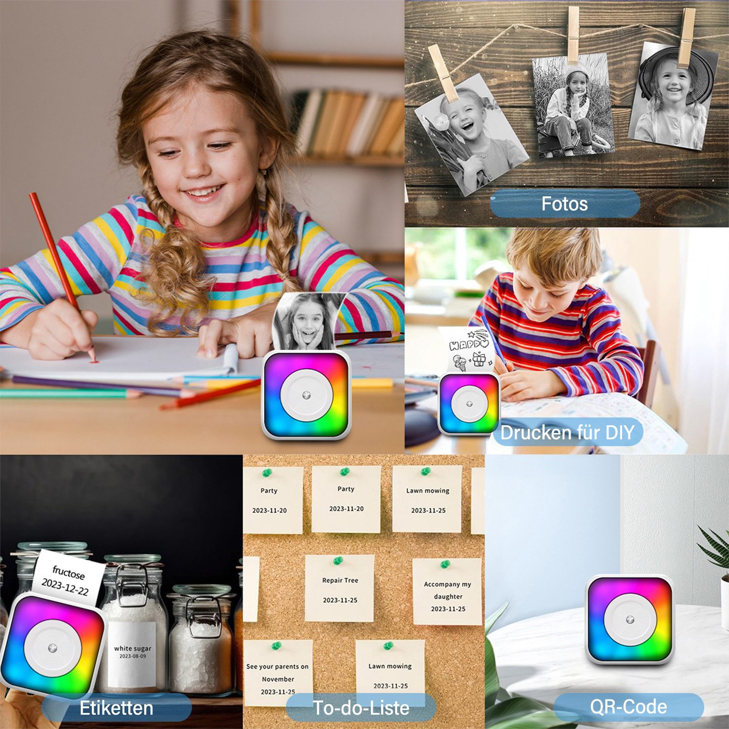 MOPUEA Mini-Thermodrucker Bluetooth Farbwechselnd Set mit 13 Rollen Papier Etikettendrucker, (Kein Tintenbedarf, 203 DPI, OCR, tragbar, langlebiger Akku)