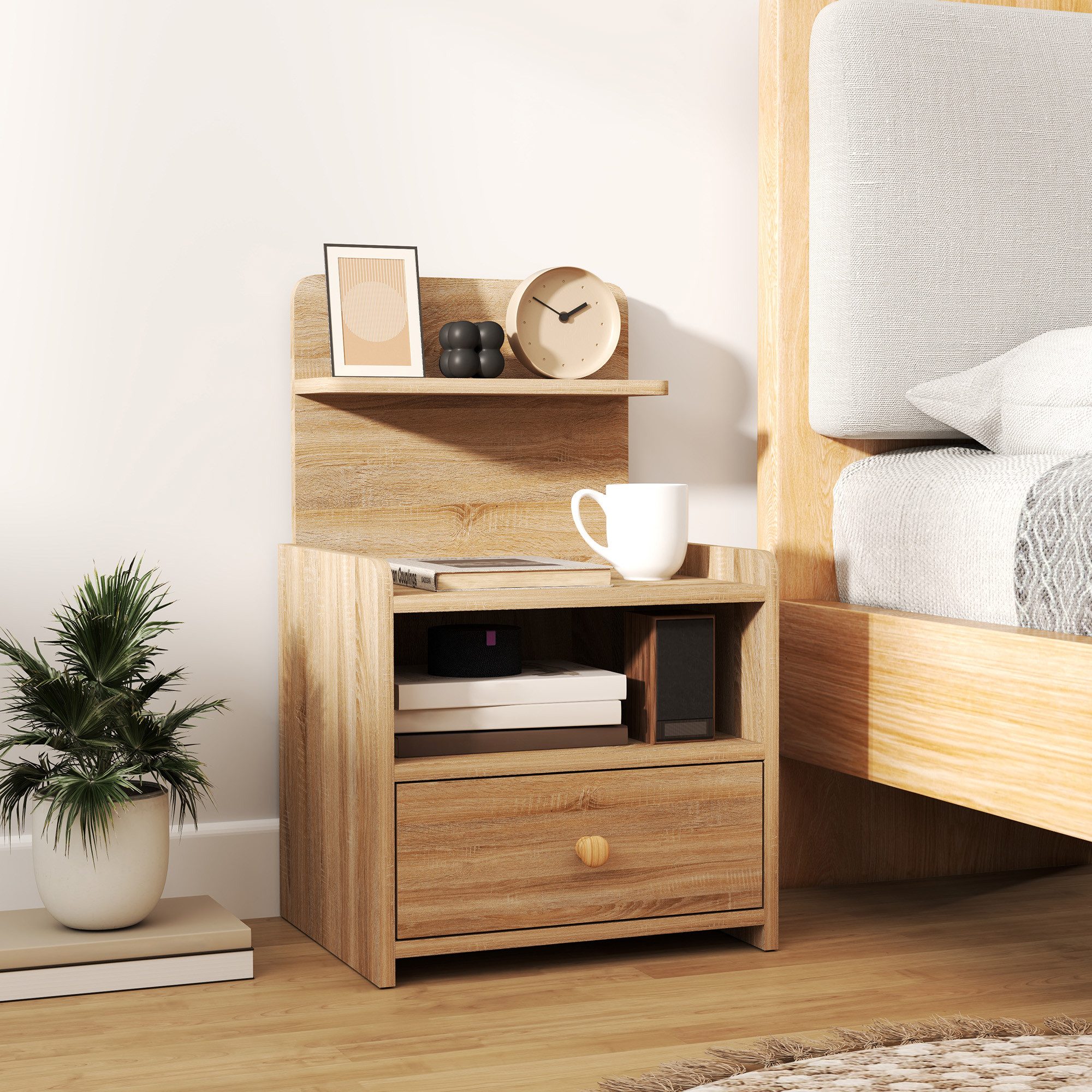 HOMCOM Nachttisch Beistelltisch mit Schublade, Nachtschrank mit offenen Ablage, Fach (Nachttisch, 1-St., Nachtkommode), für Schlafzimmer, Wohnzimmer, 40 x 35 x 66 cm, Naturholz