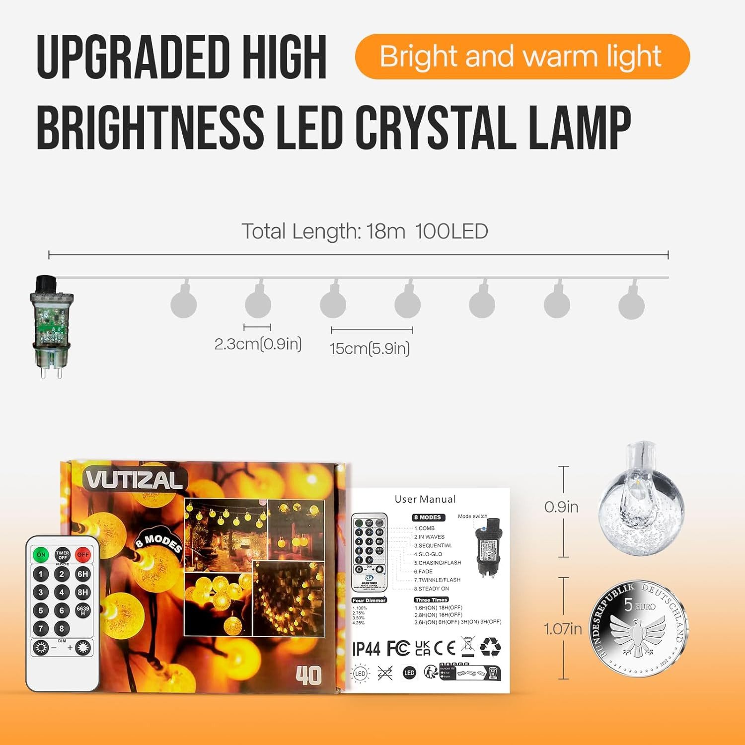 kowdom Lichterkette LED Lichterkette 15m Kugel 8 Modi dimmbar für Innen & Außen IP44, 15m, 100 LEDs, warmweiß, dimmbar, Timer, IP44