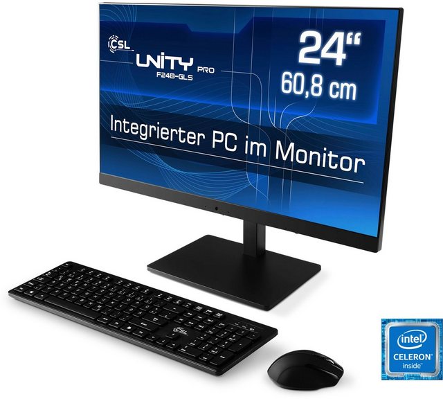 CSL Unity PRO F24B-GLS All-in-One PC (24 Zoll, Intel® Celeron N4120, UHD Graphics 600, 16 GB RAM, 240 GB SSD, passiver CPU-Kühler, eingebaute HD-Webcam inkl. Mikrophon mit Ein-/Ausschalter)