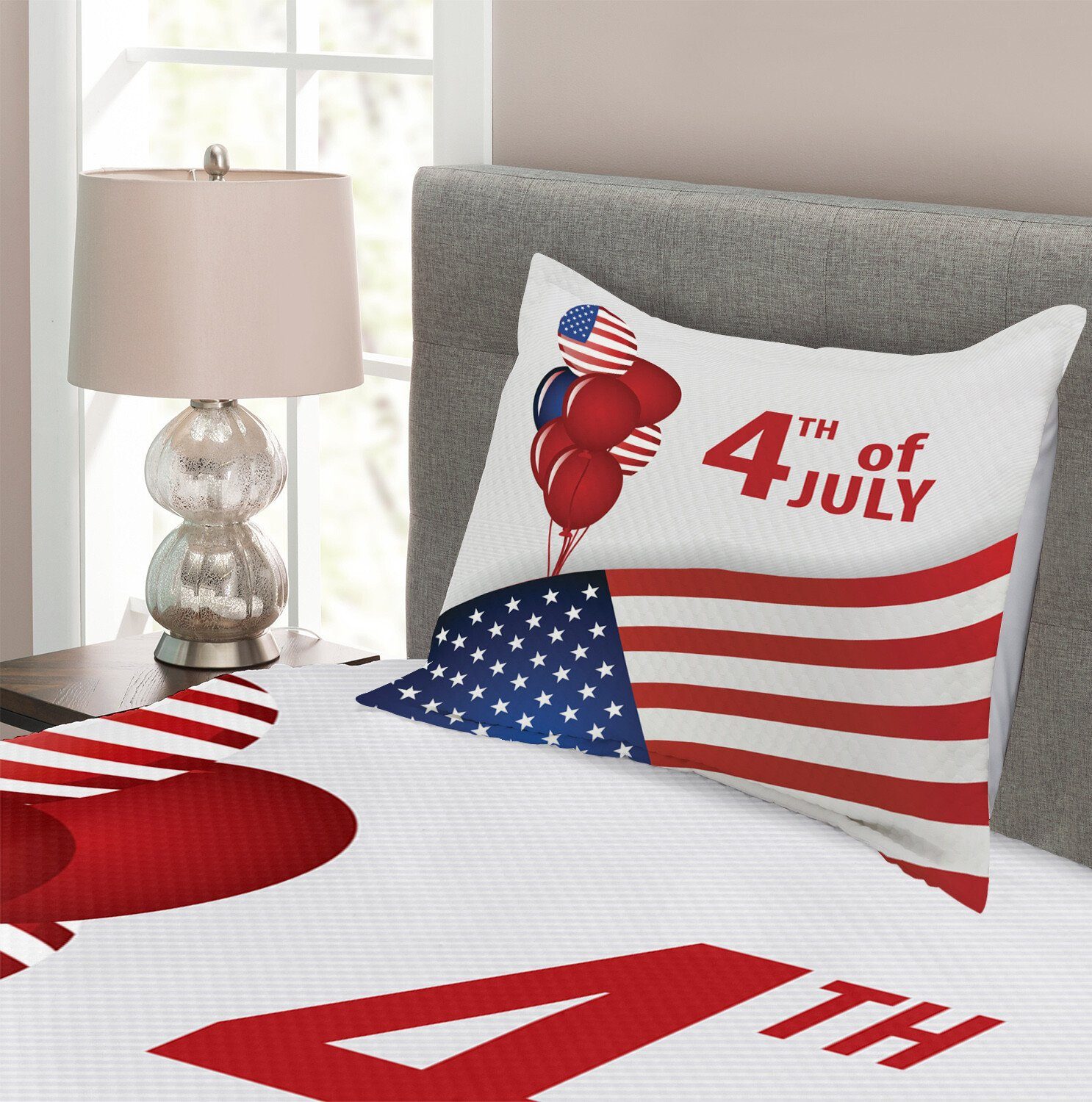 Juli Vierter Kissenbezügen Waschbar, Set und US-Flagge Abakuhaus, Luftballons mit Tagesdecke