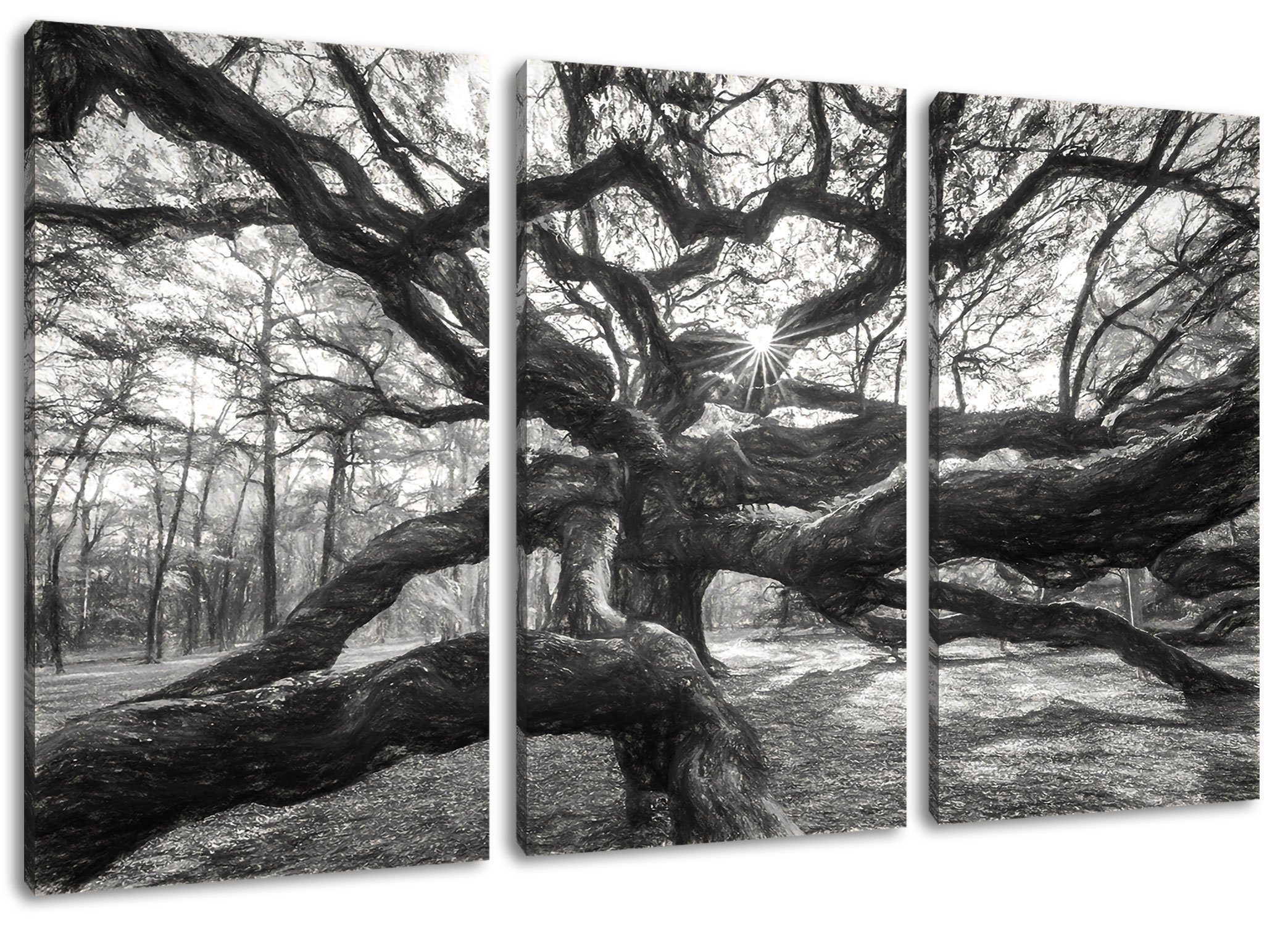 Baum, 3Teiler bespannt, Leinwandbild (120x80cm) inkl. fertig St), (1 Pixxprint Baum Zackenaufhänger Leinwandbild