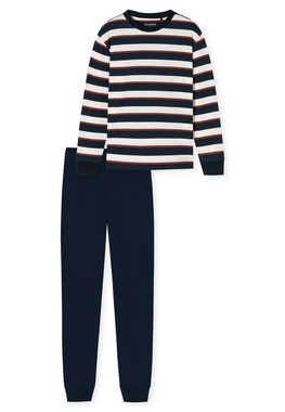 Schiesser Pyjama "Teens Nightwear" (2 tlg) mit gestreiftem Langarmshirt in Nachtblau, Braun und Off-white
