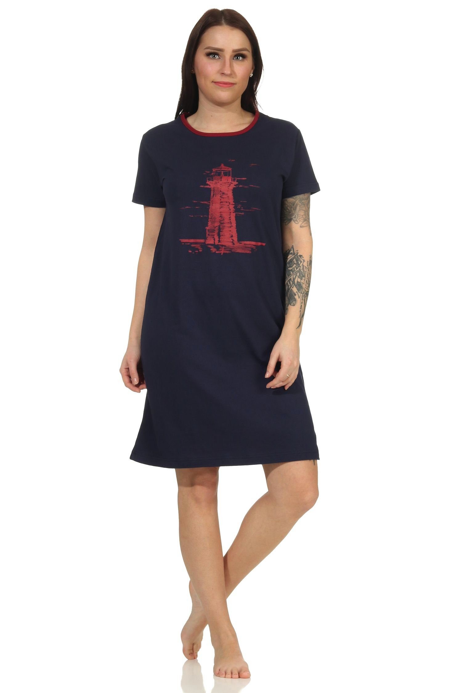 RELAX by Normann Nachthemd Damen maritimen navy Nachthemd Motiv Leuchtturm Look im und kurzarm als