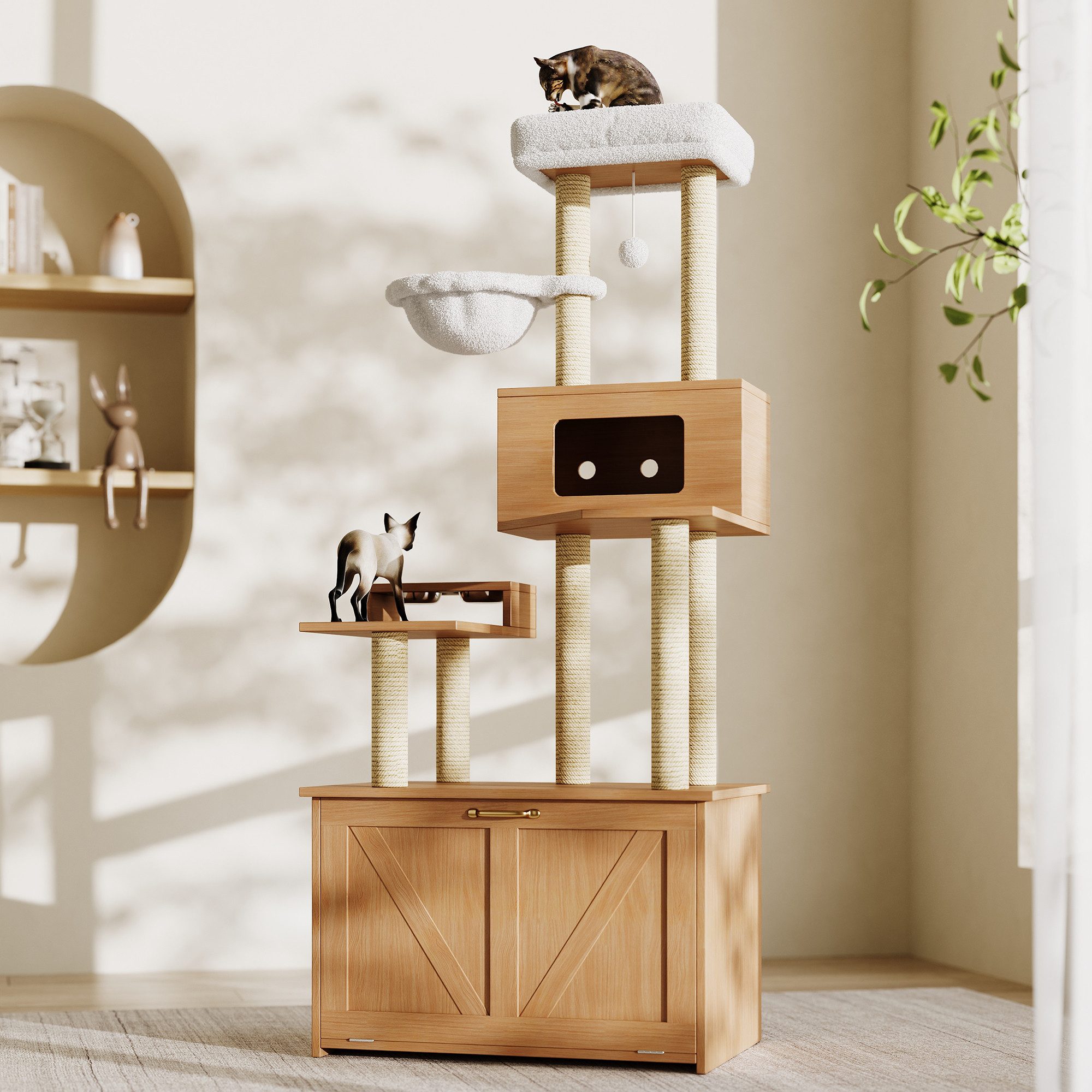 REDOM Kratzbaum mit Umfallschutz, All-in-one Katzenmöbel, Futterstation und 1 Hängematte