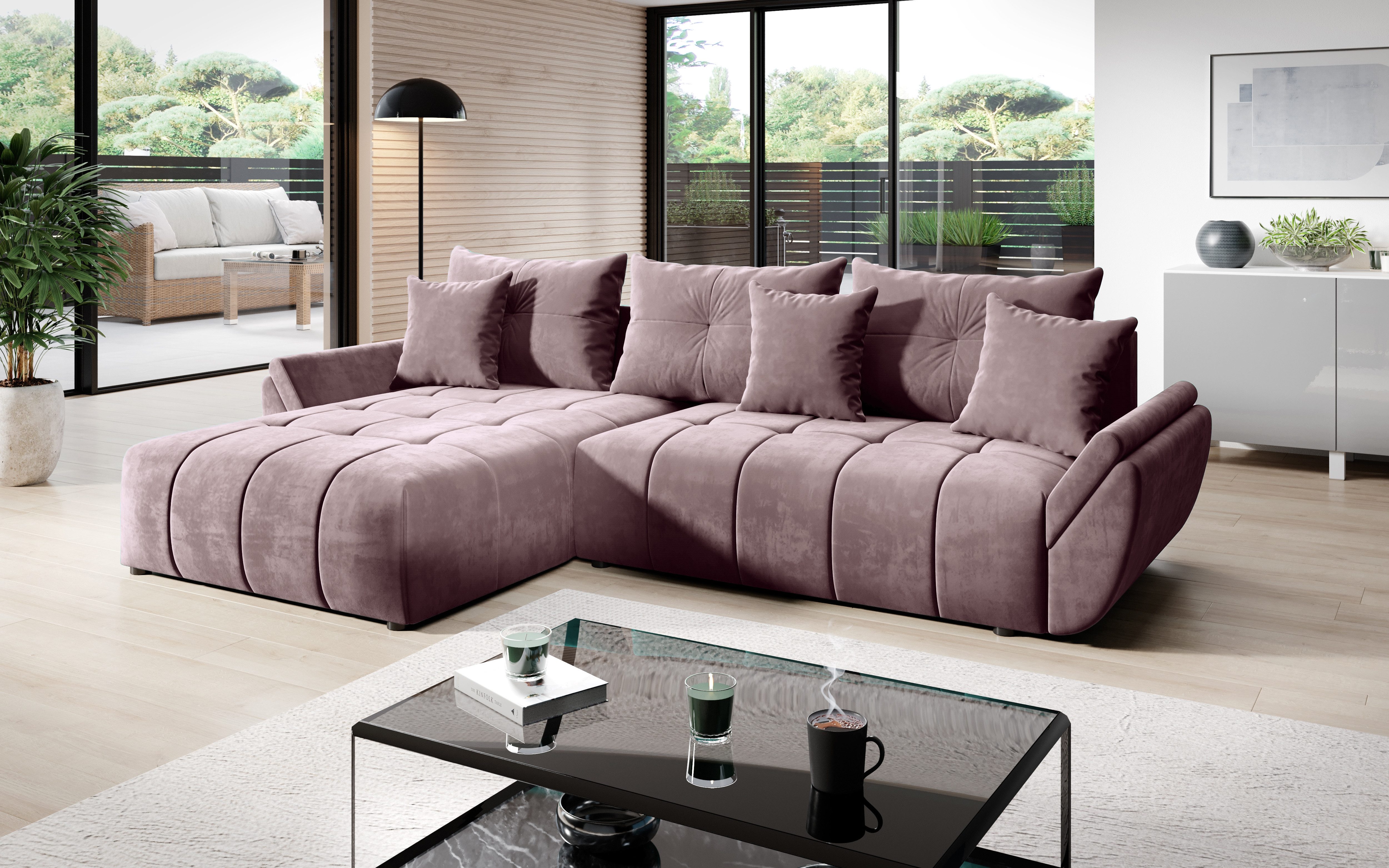 Furnix Ecksofa CALVANI-L Sofa mit Schlaffunktion Bettkasten Kissen Couch, Kissen mit Reißverschluss, BxHxT: 280x91x190 cm