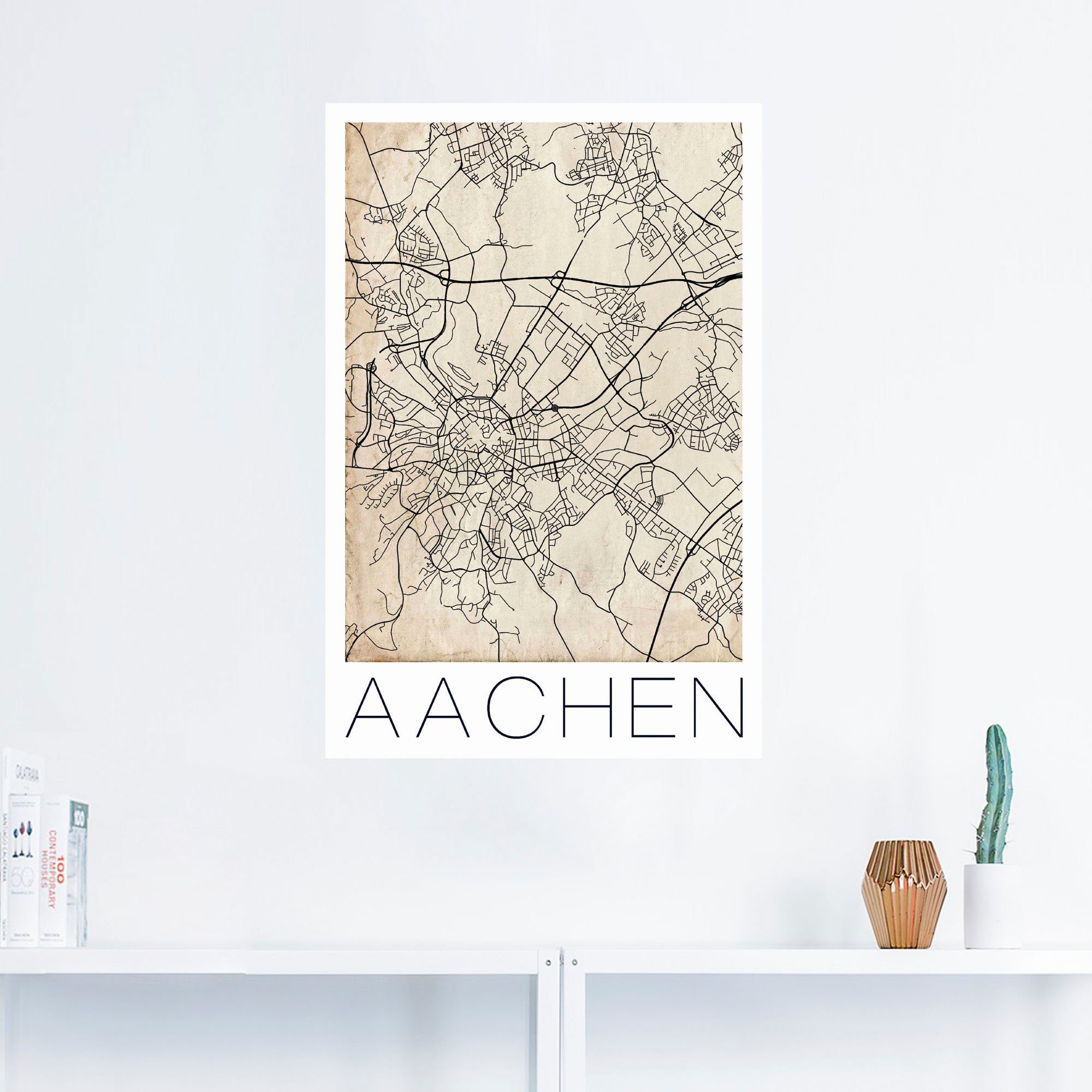 Alubild, Karte Deutschland St), oder in Deutschland Wandbild Artland Aachen Größen als Poster Grunge, Leinwandbild, (1 Wandaufkleber Retro versch.