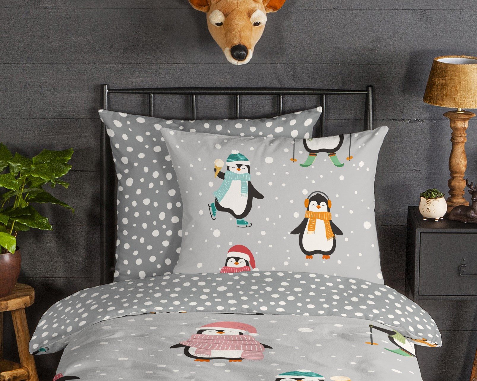good morning Kinderbettwäsche Liammu, Biber, Flanell, 2 teilig, Flanell Biber, 135x200, Warm, Reißverschluss, Wende, Kind, Pinguin – Bild 3 von 5
