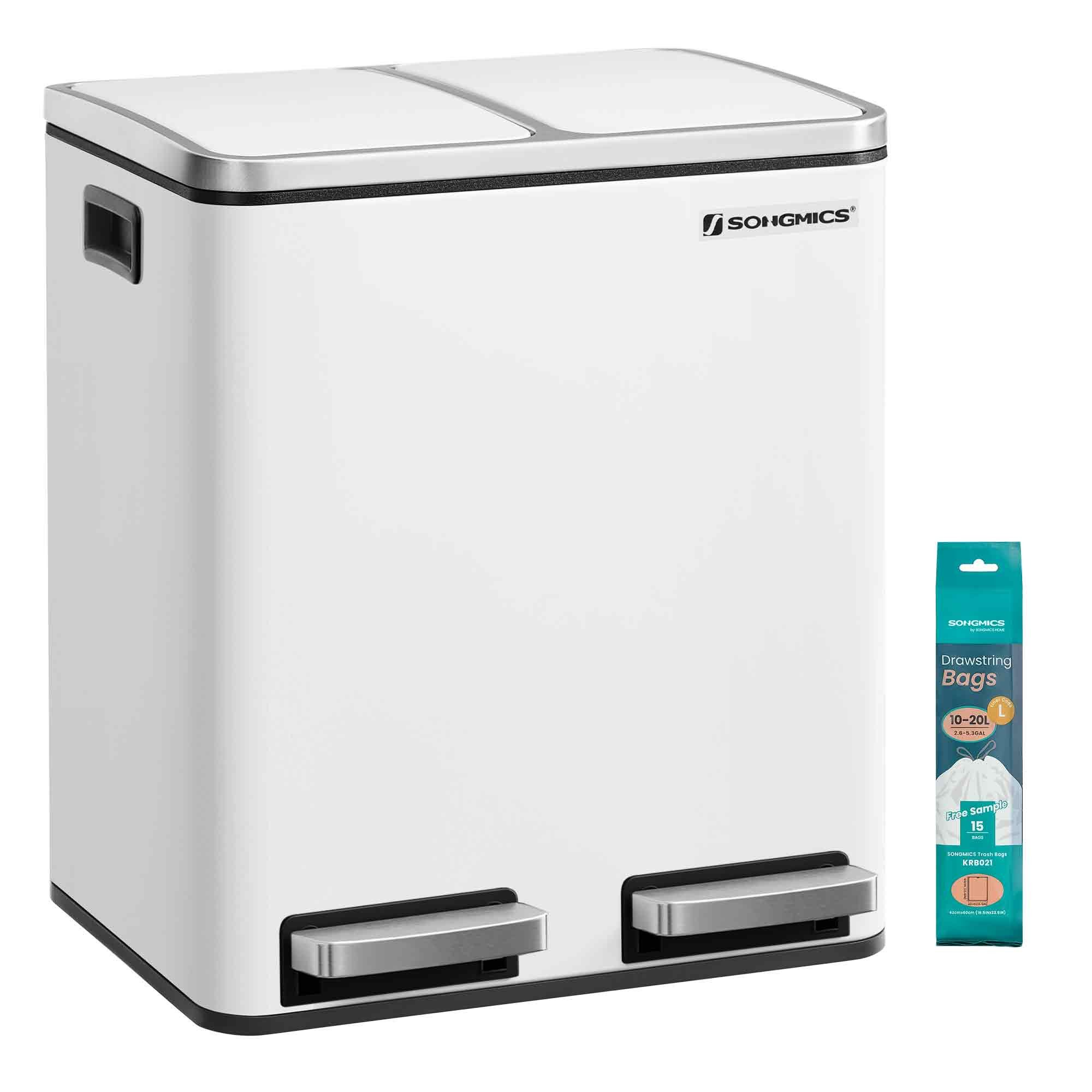 SONGMICS Mülleimer 2x15L, Außenbehälter aus Stahl, Klappdeckel, Softclose, 15 Müllsäcke, 2 x 15 L, Inneneimer aus Kunststoff, Klappdeckel, Softclose, luftdicht