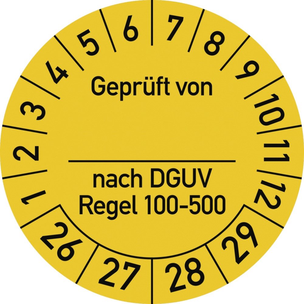 Hinweisschild Prüfplakette Geprüft...DGUV Regel 100-500, 2026-2029, Folie, Ø 25 mm