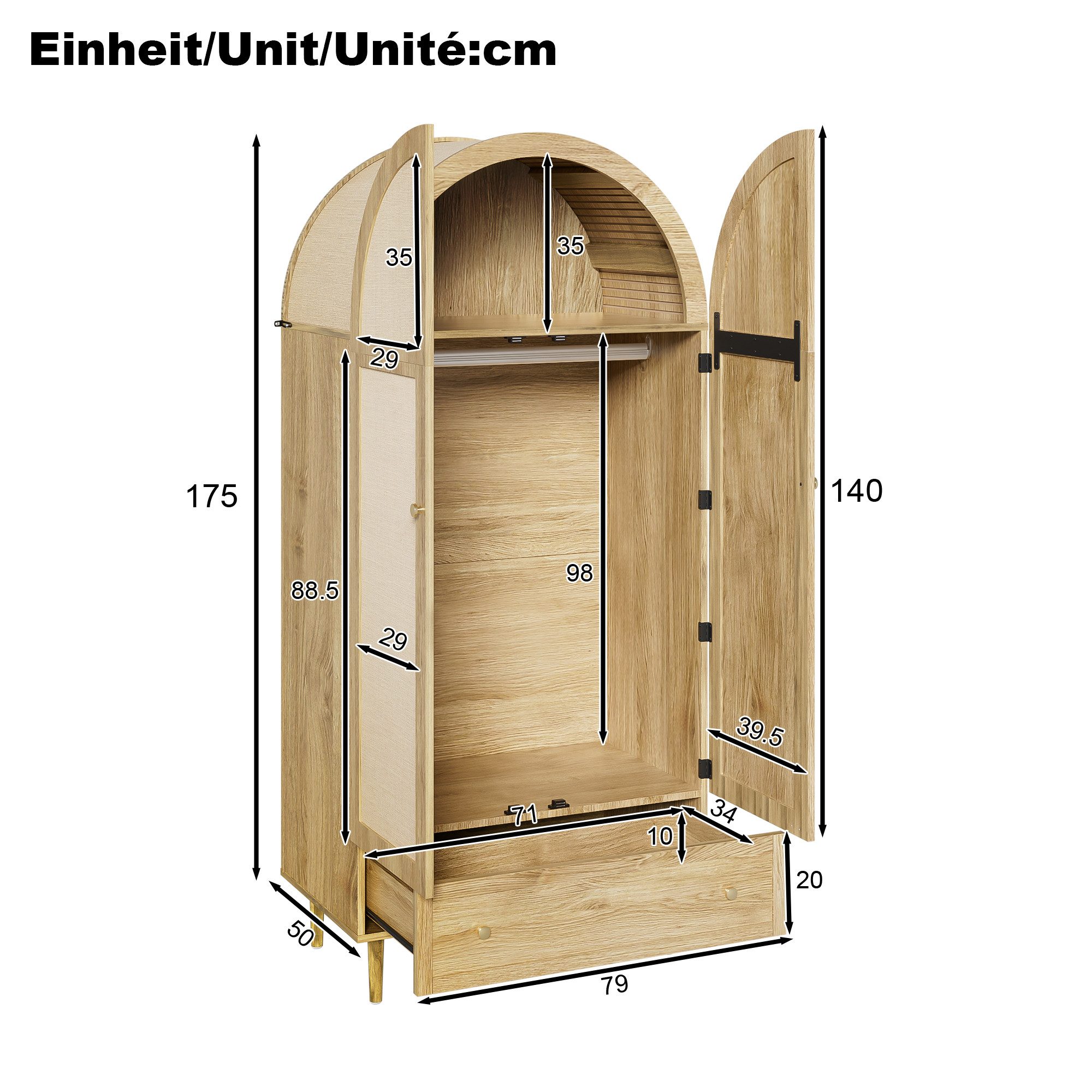 Merax Kleiderschrank mit Stofftüren, Schublade & Kleiderstange (1-St., für Gäste- & Ankleidezimmer) Garderobenschrank mit Holzfüßen und Naturoptik für Schlafzim – Bild 5 von 5