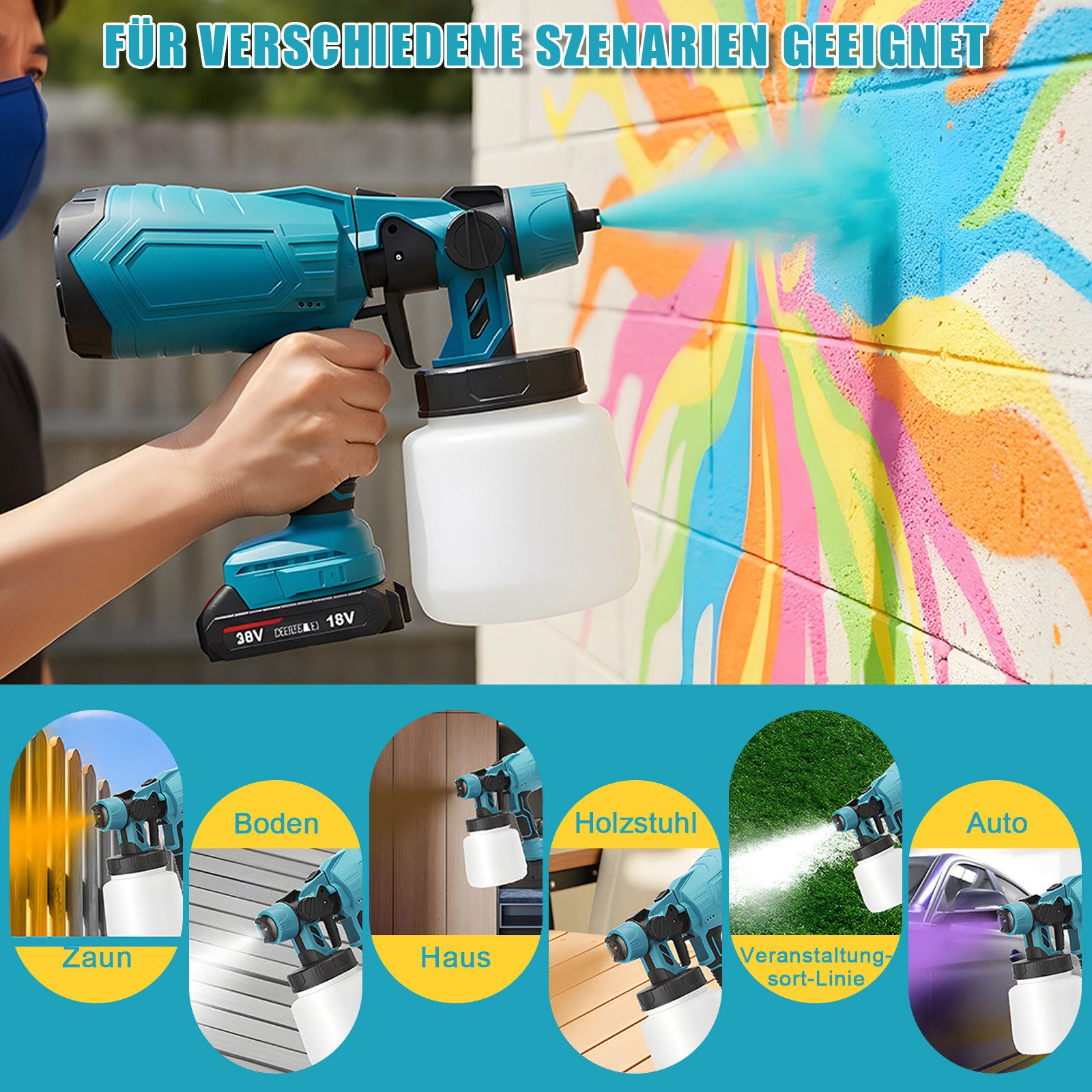 AKKEE Farbsprühgerät Akku Farbsprühsystem 1000 ml mit 2 Akkus Farbpistole, 3 Düsen, für Gartenzaun, Wände, Möbel, Decke