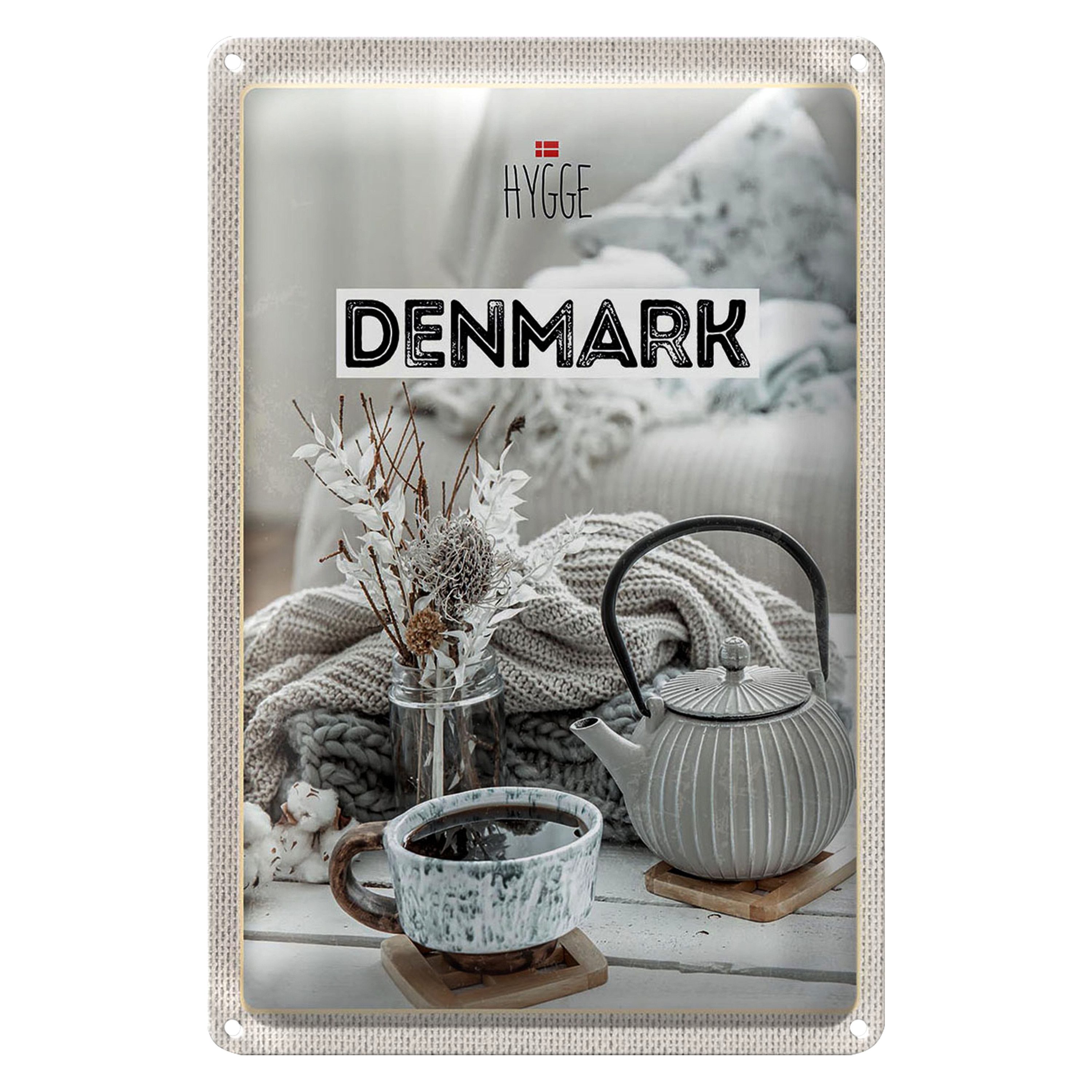 Roomando Metallschild Reise 12x18cm Dänemark weiß Teekanne gemütlich Decke