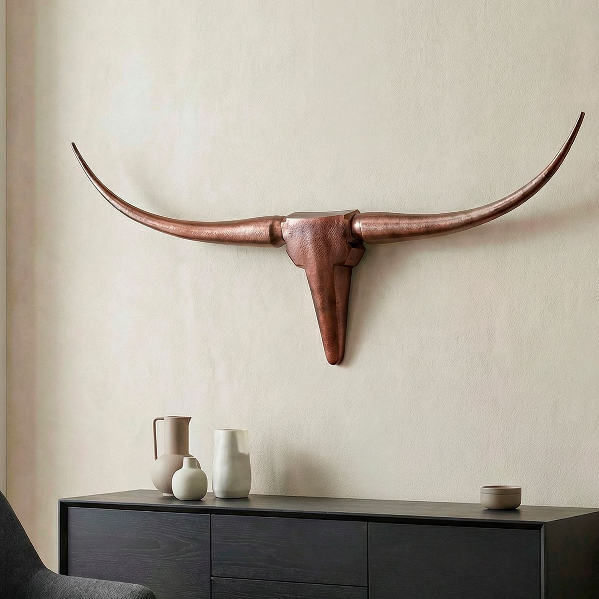 FINEBUY Wanddekoobjekt FB37860 Deko Geweih Bull M Aluminium Hörner 100cm Bronze (Geweih M Wanddekoration 100 cm Aluminium Bronze), Wandgeweih Alu Modern, Jagdtrophäe Wandschmuck