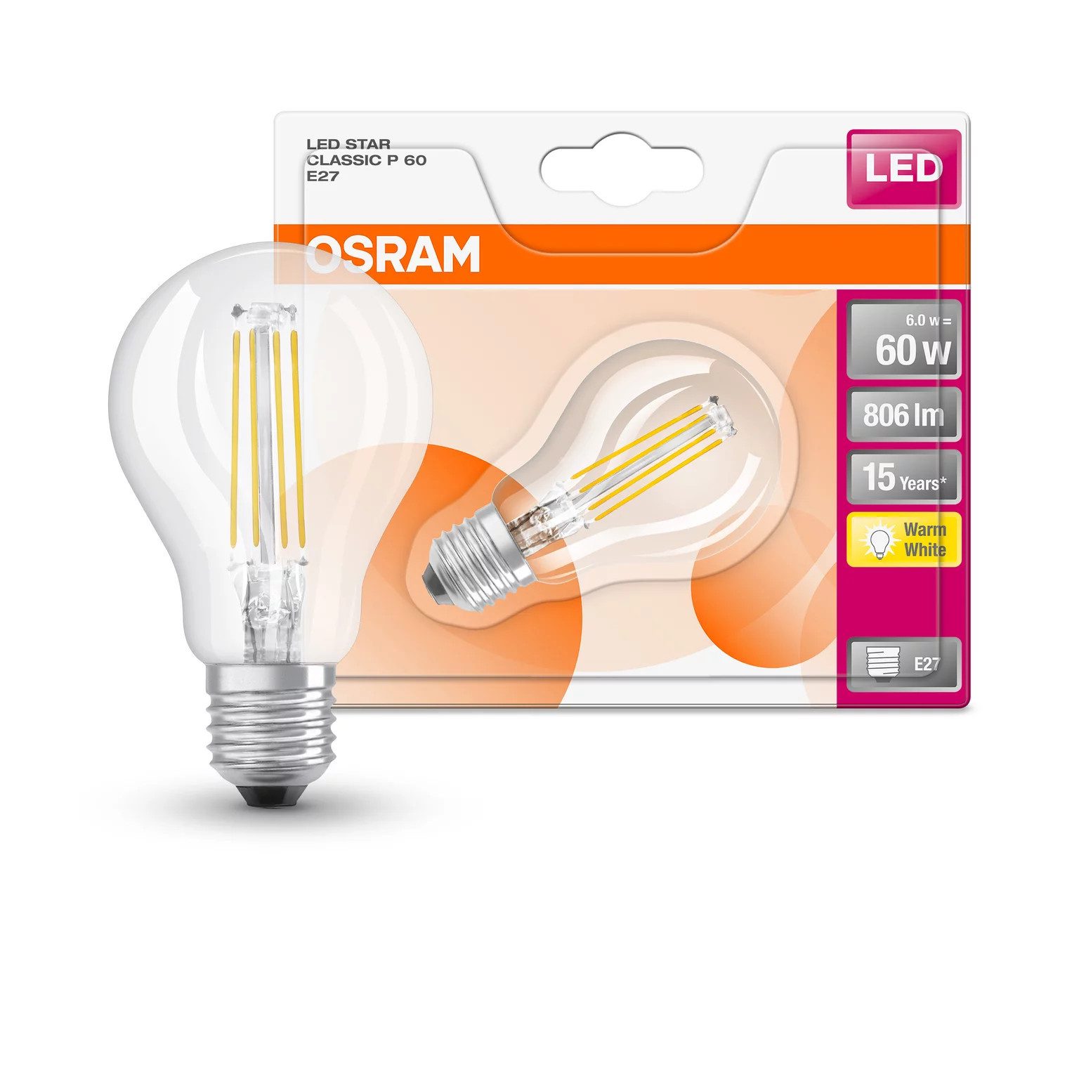 Osram LED-Leuchtmittel Osram LED E27 G45 Filament KLAR 6W = 60W Tropfen 806lm 230V Warm 2700K, E27, Warmweiß, Filament klar, Tropfen – Bild 4 von 4