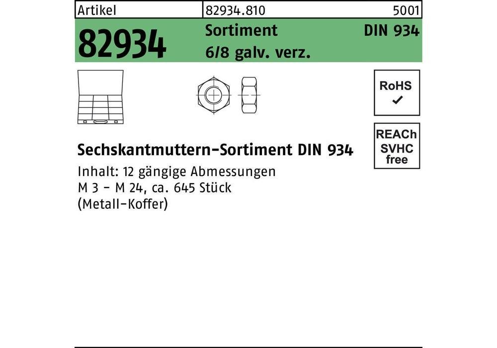 Torbeschlag Muttersortiment DIN 934 645tlg. 8 galvanisch verzinkt