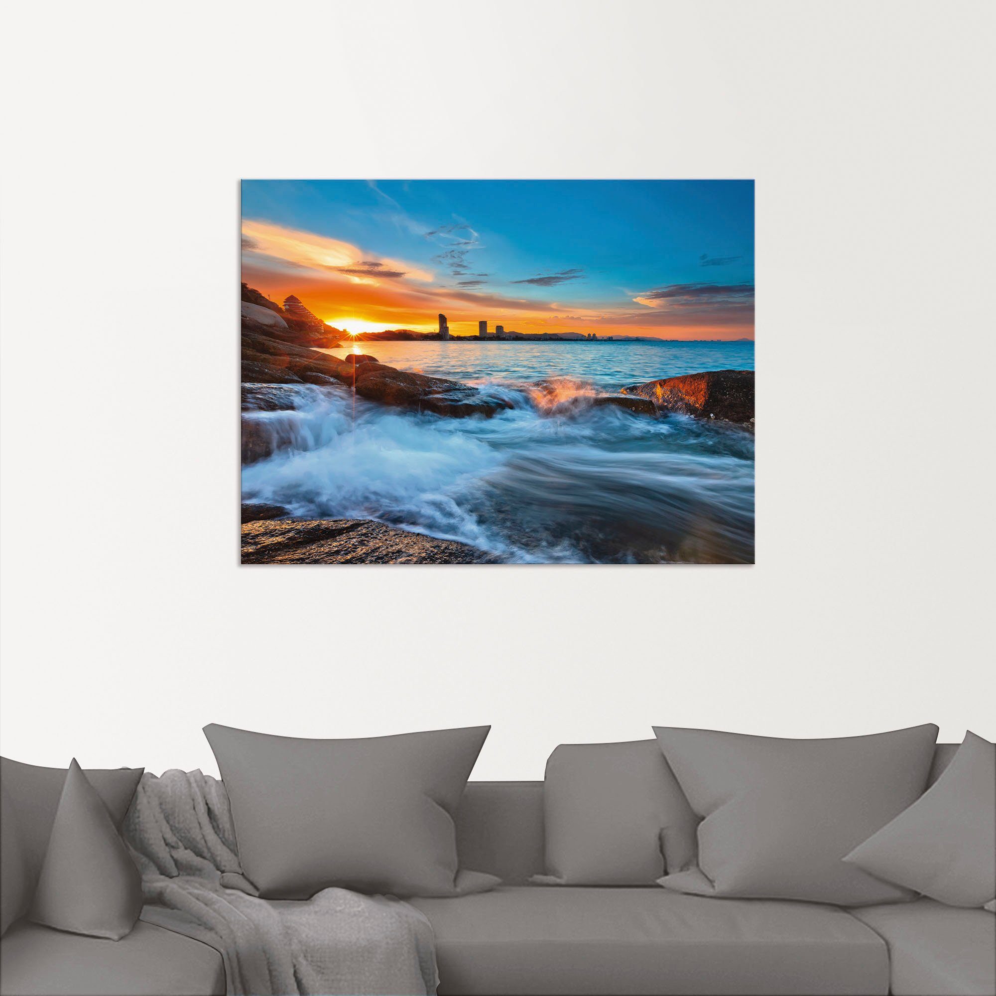 Größen Wandaufkleber Wandbild als Poster Alubild, St), Sonnenuntergangszeit oder Leinwandbild, (1 Hua-Hin Strand, in versch. Artland Gewässer am
