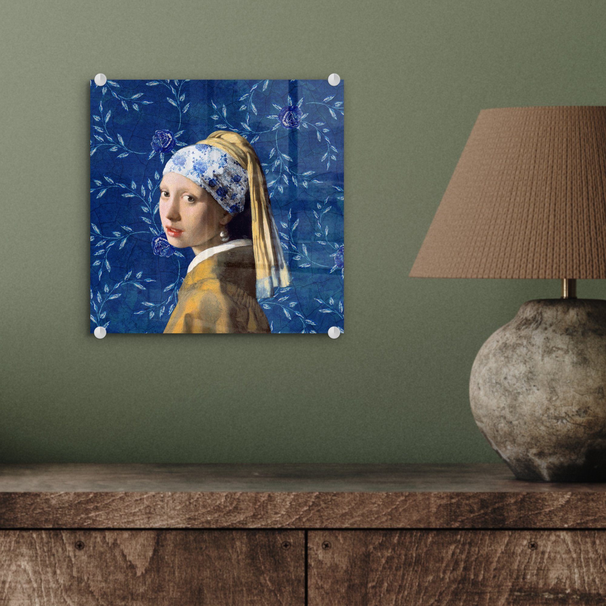 (1 St), MuchoWow Blumen bunt Bilder - auf Blau - - Glasbilder auf - - Foto - mit Acrylglasbild Wandbild Mädchen Vermeer Perlenohrring Glas Delfter Gemälde, Wanddekoration Glas -