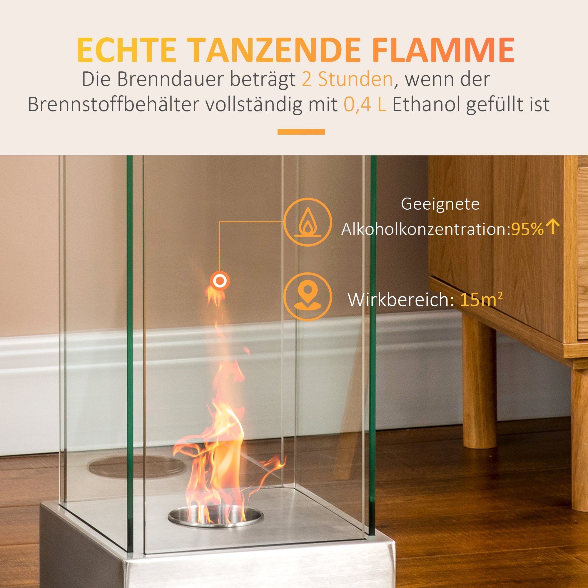 Bioethanol 60 Handbuch), 1-St., Echtfeuer-Dekokamin HOMCOM (Set, x cm Hartglas 1 x Ethanol-Kamin 25 x 25 1 x Silber Ethanol-Kamin; mit Brenner,