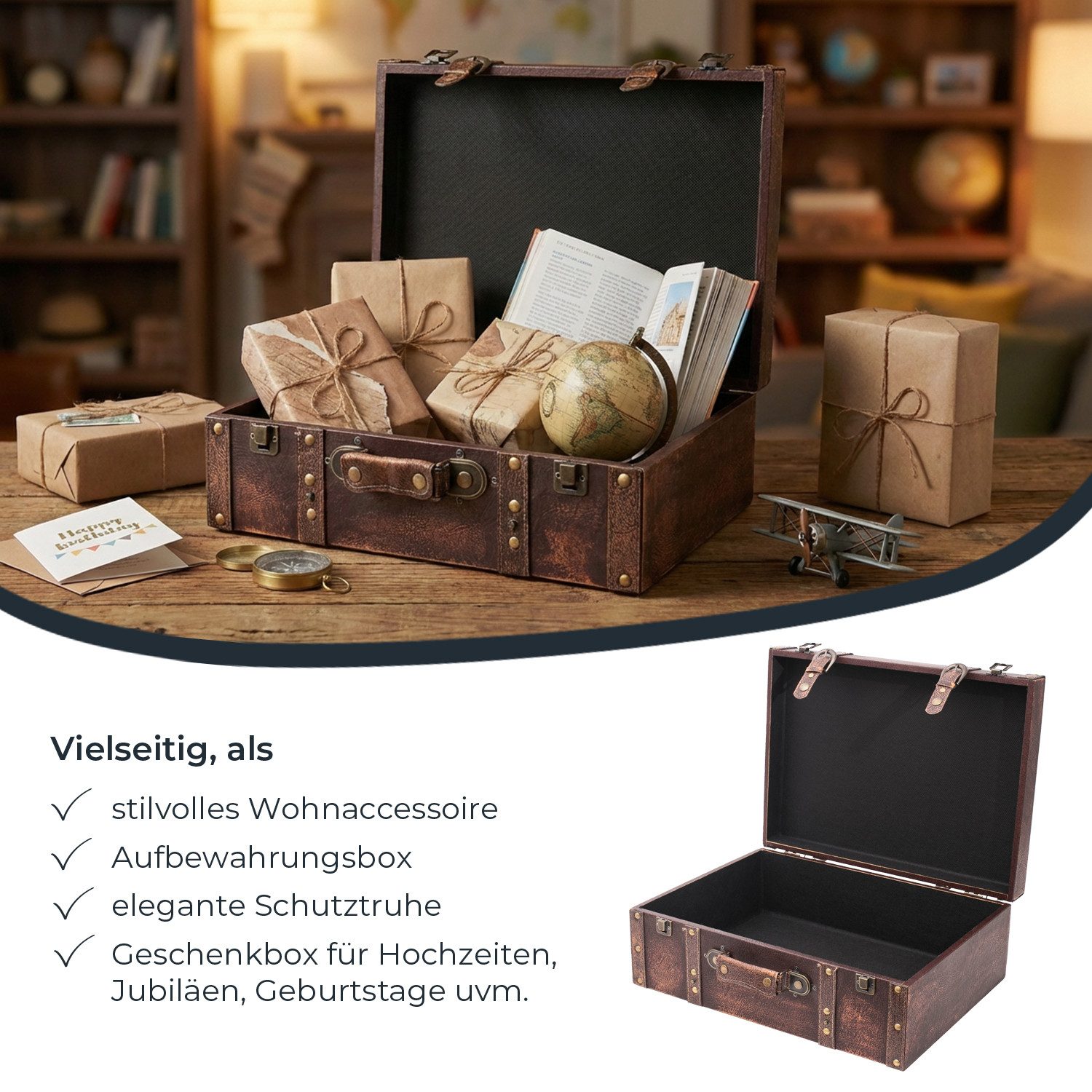 HMF Aufbewahrungsbox Vintage Koffer Holz, Aufbewahrungsbox mit Deckel und Ledergriff als (2er Set), Geschenkidee für Hochzeit oder Geburtstag, Klassik, 38 + 44  – Bild 3 von 5