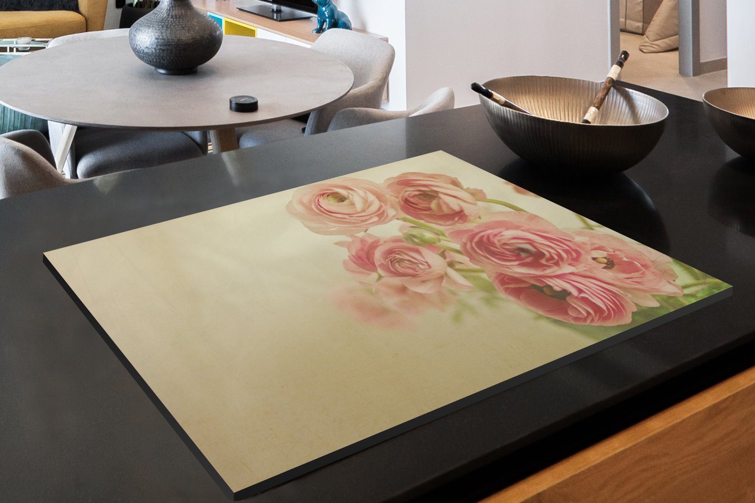 Vinyl, (1 die von 81x52 cm, für Butterblumen, tlg), Herdblende-/Abdeckplatte küche, Ceranfeldabdeckung Bild Schutz Induktionskochfeld MuchoWow rosa Unscharfes