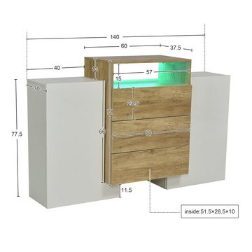 autolock Sideboard Sideboard, Highboard Moderner Kommode, Schrank 140cm, Hochglanz-Weiß und Holzfarbe, Mehrfarbige LED-Lichteffekte.
