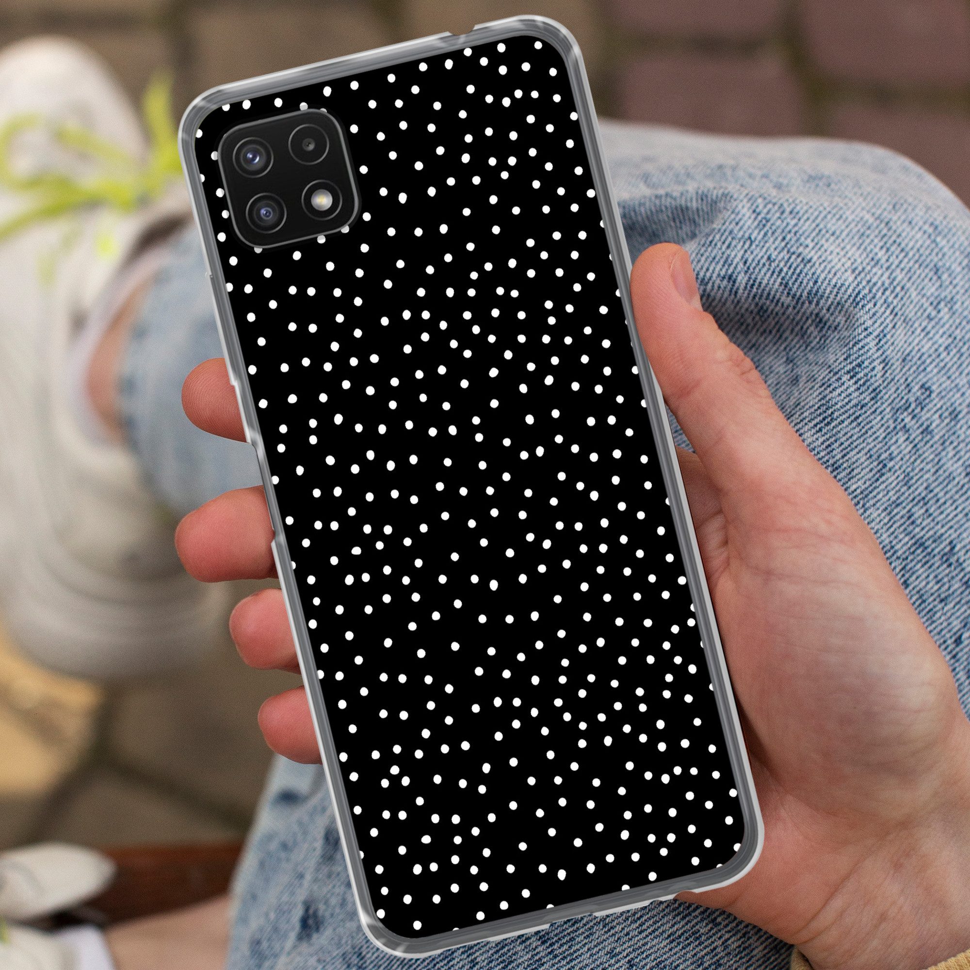 MuchoWow Handyhülle für Samsung Galaxy A22 5G Polka dots - Schwarz - Weiß, Smartphone-Bumper, Print, Handy Schutzhülle Dünn