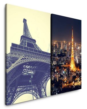 Sinus Art Leinwandbild 2 Bilder je 60x90cm Paris Eiffelturm Frankreich Japan Tokio Wolkenkratzer Stadtlichter