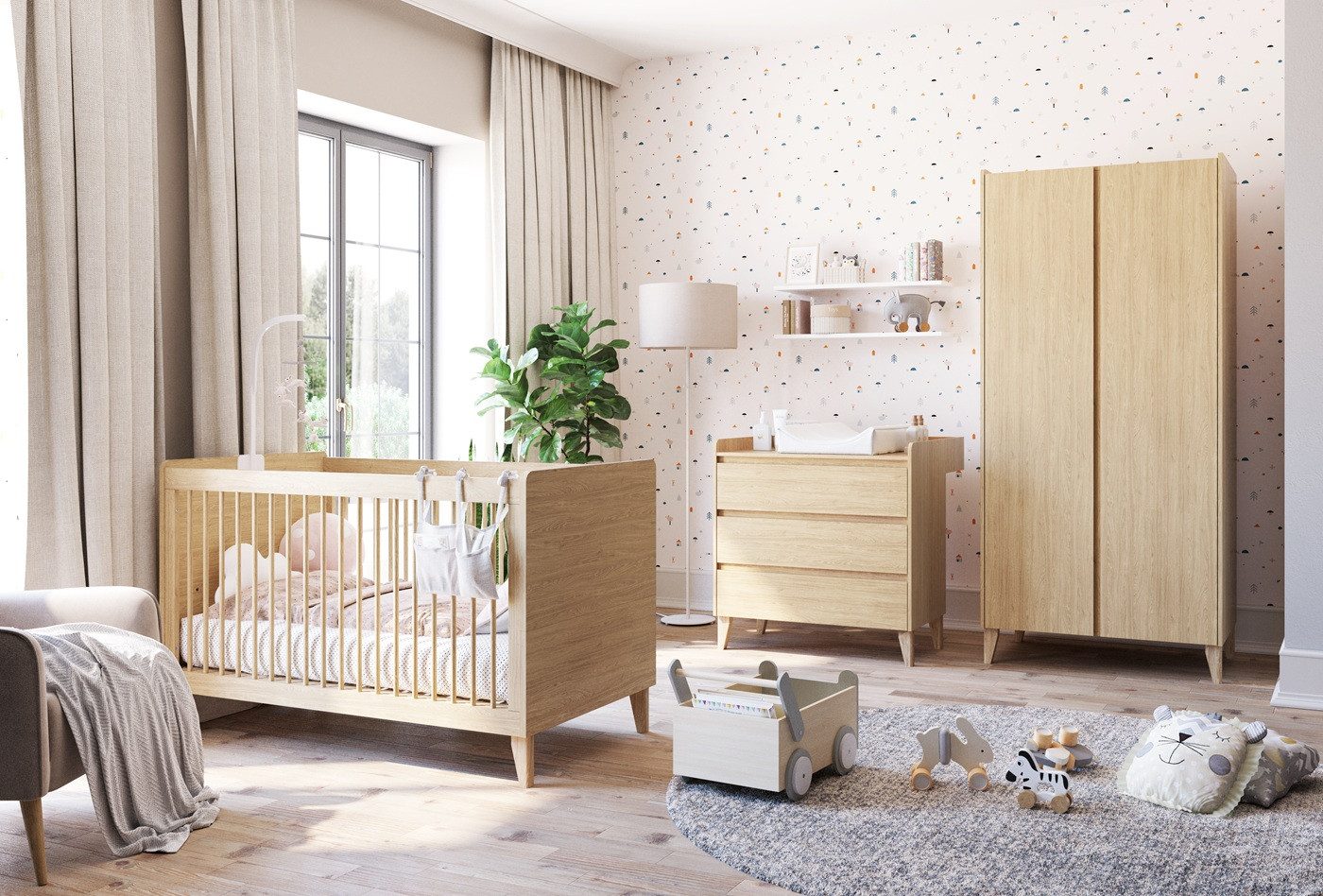 QMM TraumMöbel Babyzimmer-Komplettset Babyzimmer Maya komplett Set A, (Set, 4-tlg., Schrank 2-türig, Kommode, Wickelaufsatz, Kinderbett 70x140), Schrank mit LED-Beleuchtung