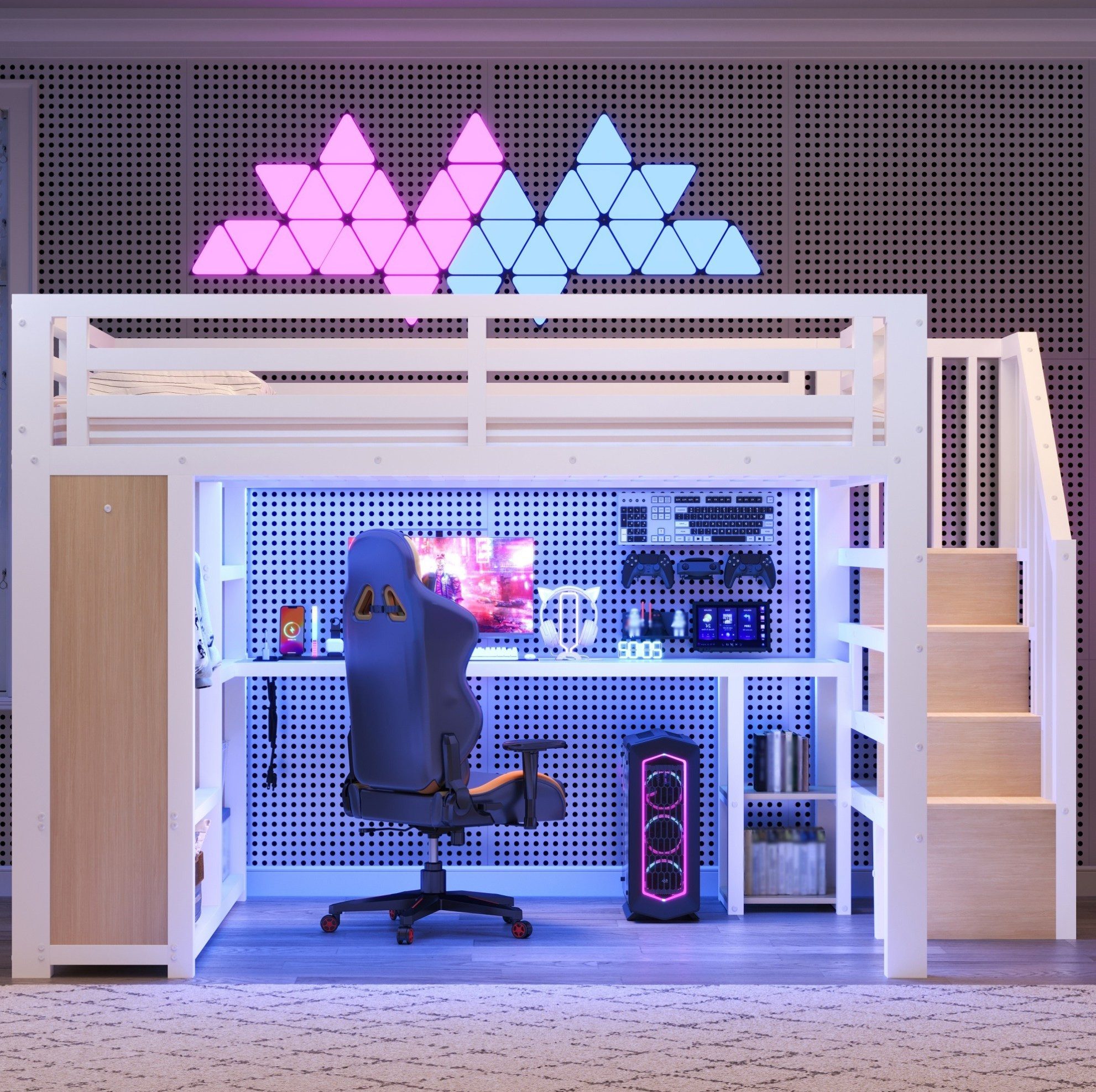 MODFU Hochbett Jugendzimmer Möbel mit Treppe Kleiderschrank und Fächern (Packung, 2-St., 140×200 cm Spielbett Weiß aus Metall mit LED Beleuchtung) Bett mit integriertem Schreibtisch und USB Ladefunktion,mit Matratze