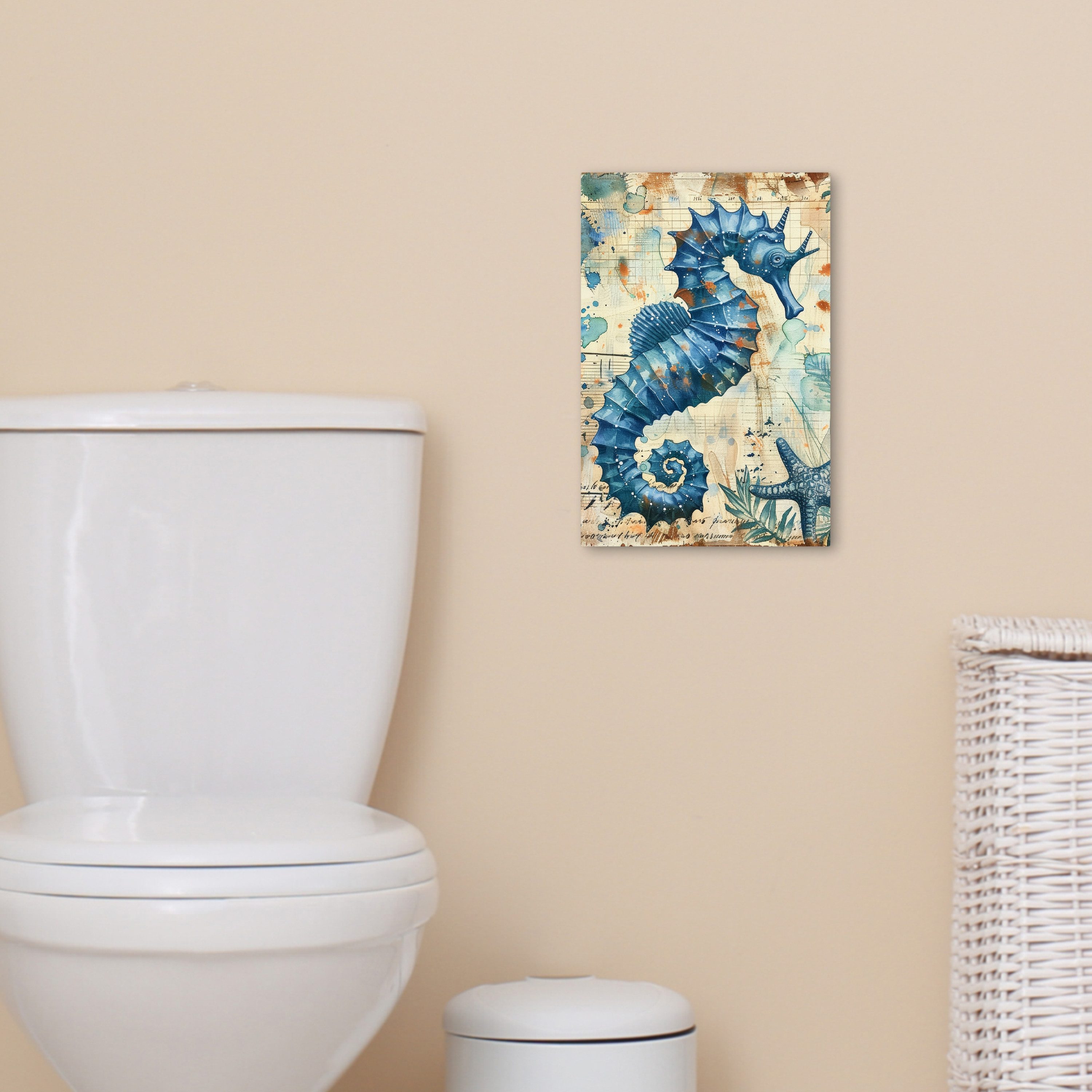 OneMillionCanvasses® Leinwandbild Vintage - Meerestiere - Seepferdchen - Aquarell - Blau, Fotodruck (1 St), Badezimmer Deko, Bilder WC, Toilette Wanddeko 20x30  – Bild 5 von 5