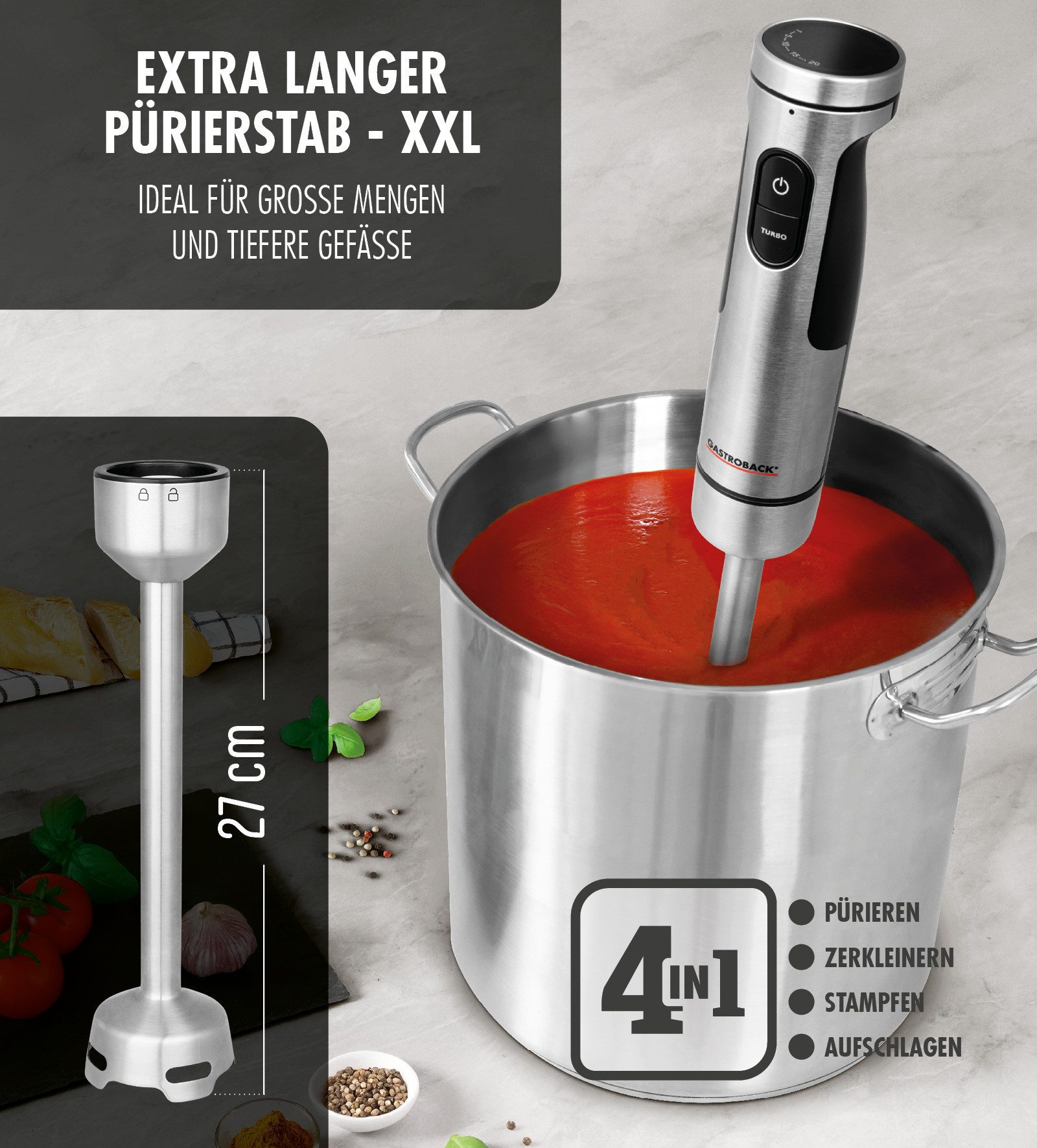 Gastroback Stabmixer Powermix Stabmixer Professional 1.500W, 1500 W, inkl. 5-teiligem Zubehör