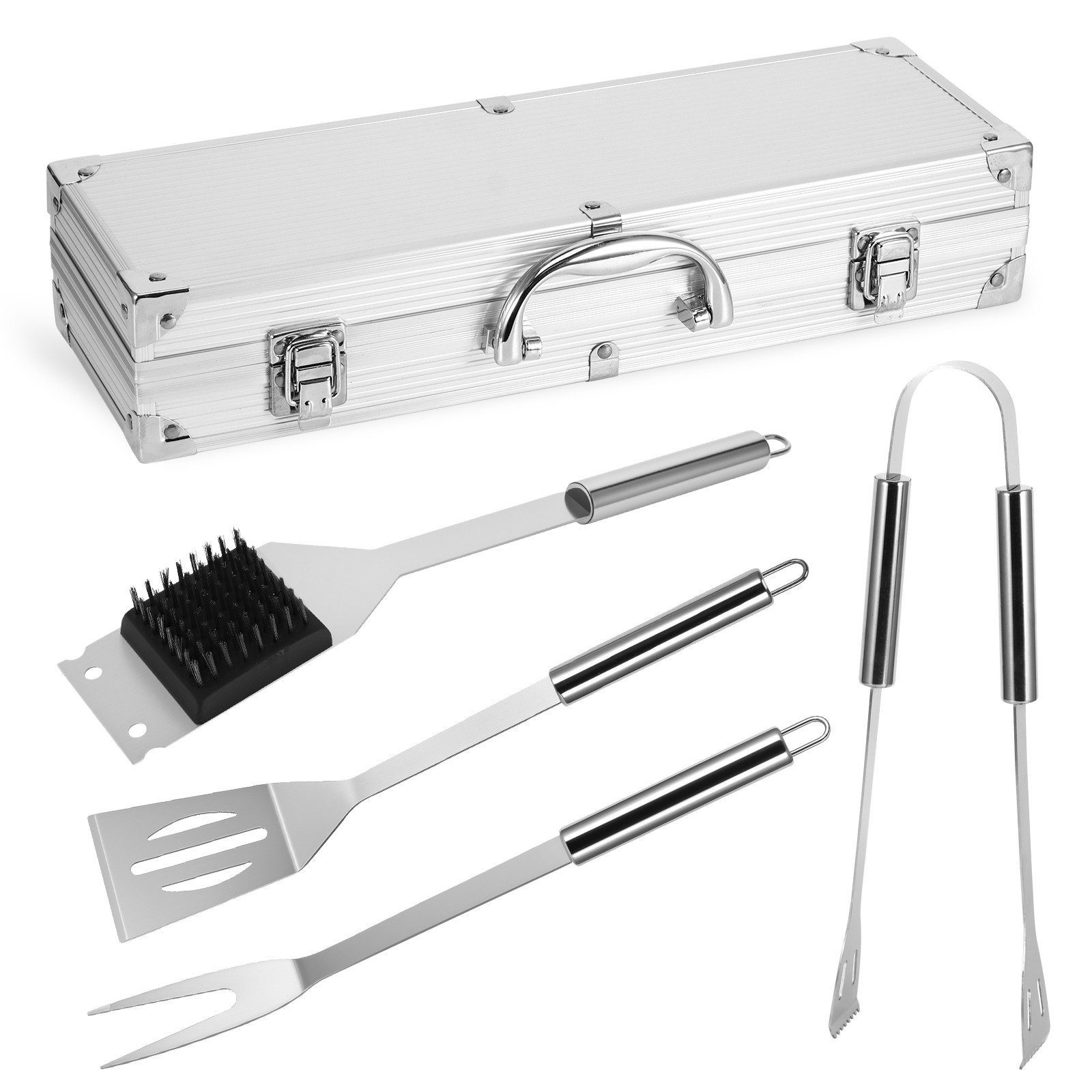 BlingBin Grillbesteck-Set 5PCS Edelstahl Grillset- BBQ Grillbesteck Set Edelstahl Grillzubehör, (5er Set, 5 tlg., 37*12*7cm), Aluminiumkoffer verpackt für Grillen und Camping Silber
