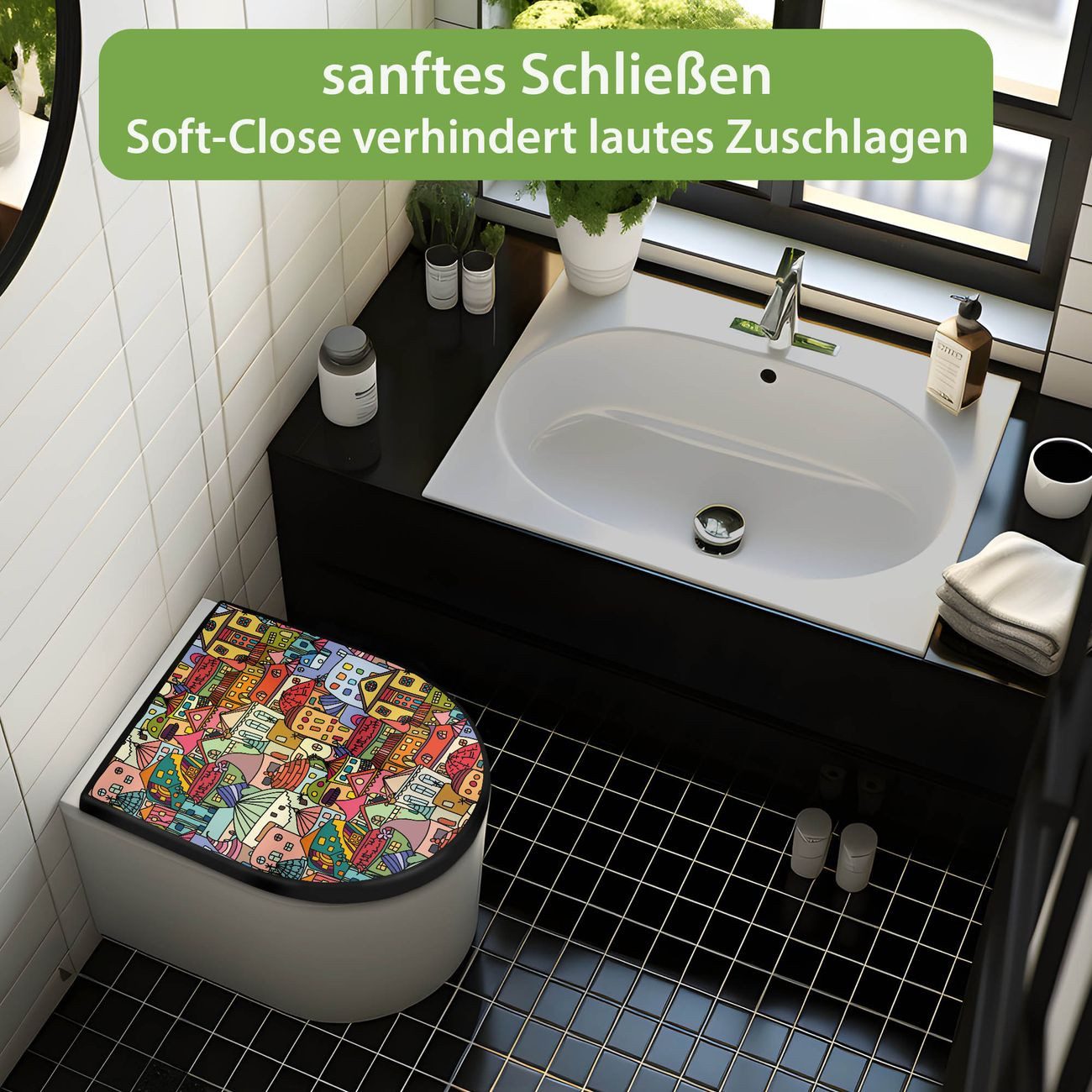 banjado WC-Sitz Premium D-Form mit Absenkautomatik Motiv Funky Town (umweltfreundliches Material, Softclose Absenkautomatik), 45 x 36,4 x 4